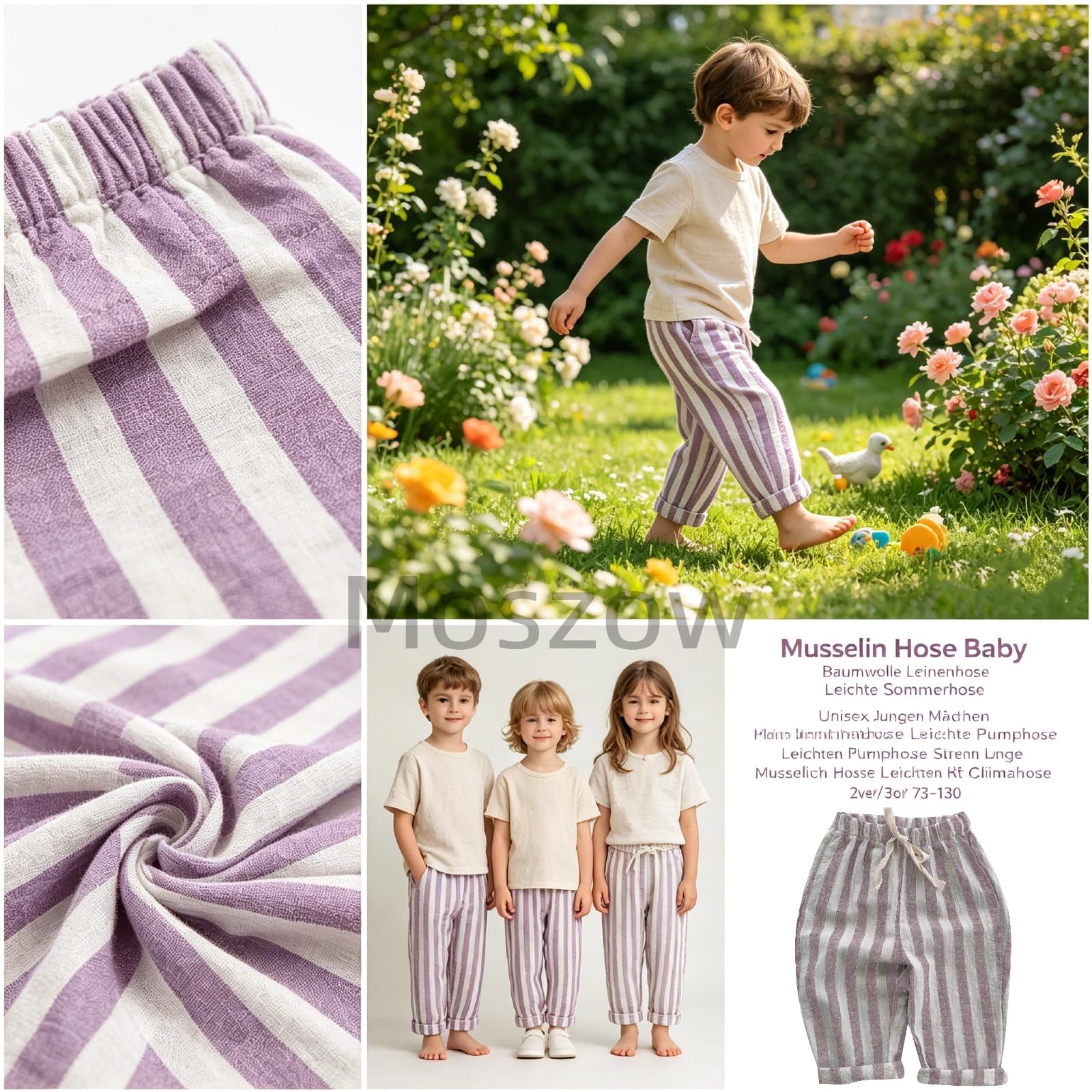 Pantalon d’Été Bébé en Mousseline de Coton – Pantalons en Lin Léger Unisexe Garçon Fille Pumphose Confortable Rayé Long Pantalons Respirant Enfant Lot de 2/3 73-130CM Pantalon Sarouel