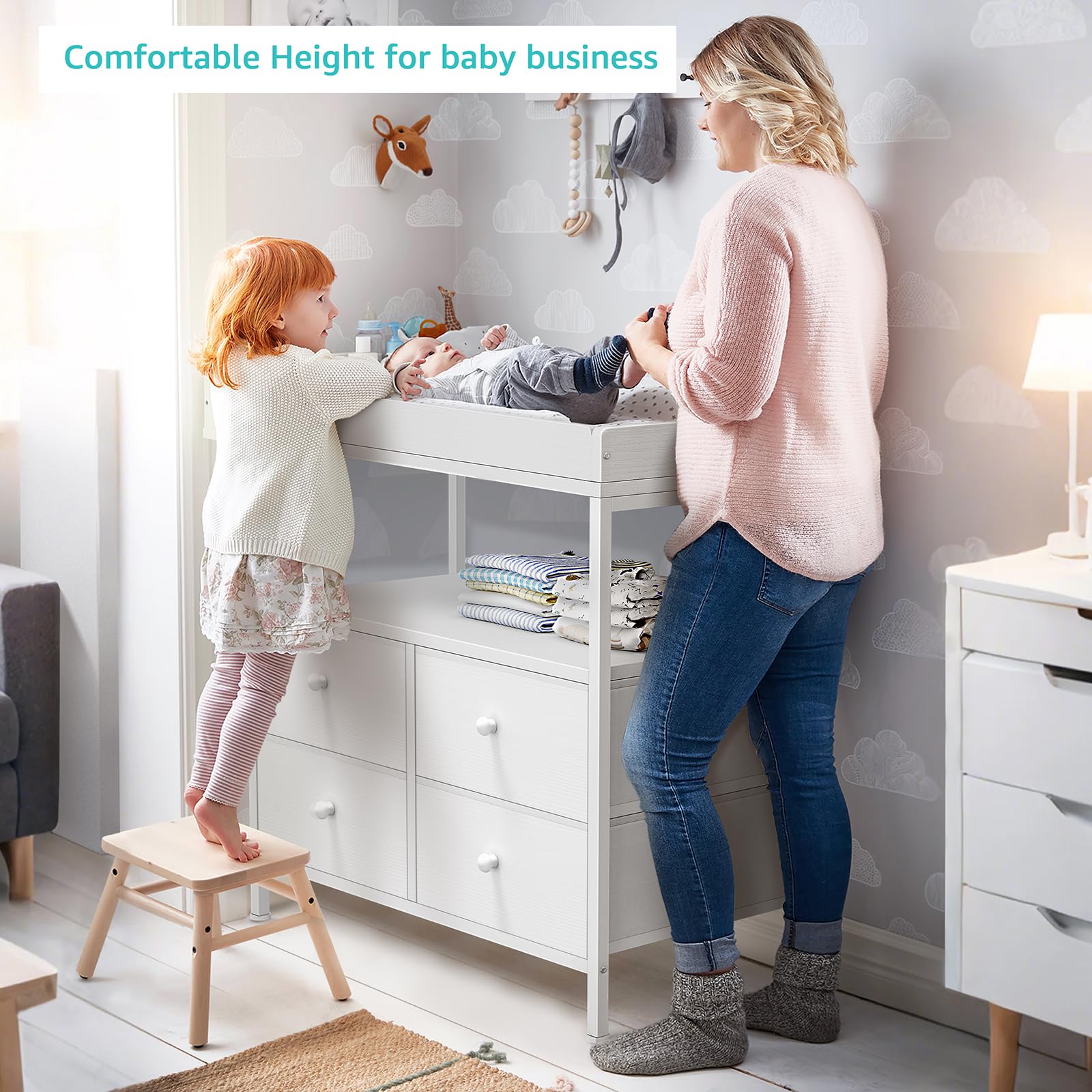 BOLUO Changing Table Dresser with 4 Fabric Drawers and Open Shelf, Baby Dresser with Changing Table Top Diaper Changing Station with Storage for Nursery Modern (White)