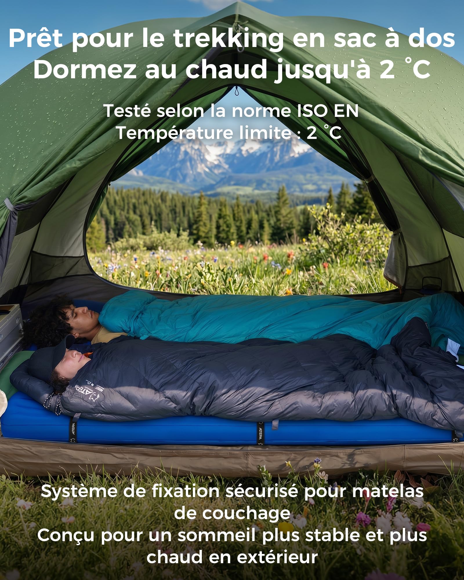 ATEPA Sac de couchage en duvet, sac de couchage d'extérieur avec duvet 600 FP, imperméable, sac de couchage pour 4 saisons, idéal pour les adultes pour le camping, les voyages et les aventures