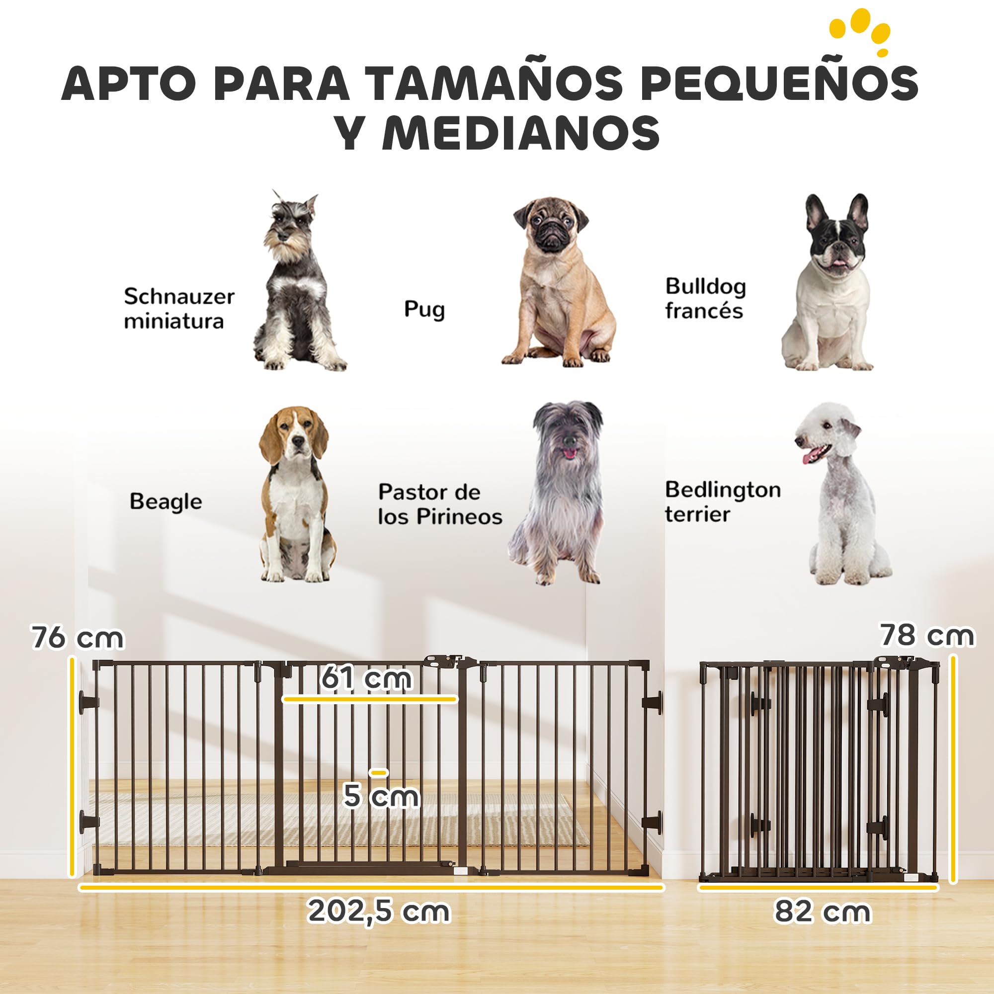 PawHut Barrera de Seguridad para Perros 202,5 cm Valla para Perros Plegable Rejilla de Protección de Chimenea con Puerta Auto Cierre para Escalera Pasillo Negro