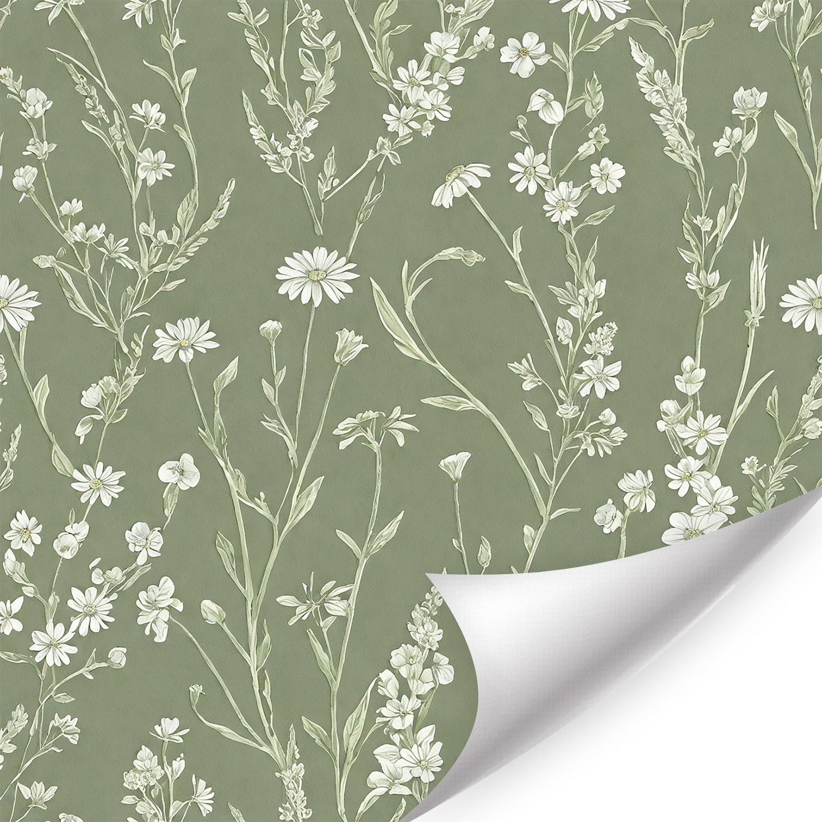 CHDITB Wallpaper Green Peel and Stick,Vintage Flower Wallpaper,Green Plants Stickers(44x300cm) Floral Wall Paper Self Adhesive,Light Botanical Stickers for Living Room Bedroom Wall Cabinets Furniture โ image 1
