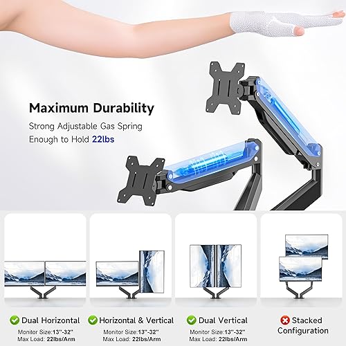 Miniatura 7 de Aeons Soporte para monitor dual de hasta 32 pulgadas, soporte de carga máximo de 22 libras cada brazo neumático de resorte de gas, soporte ajustable