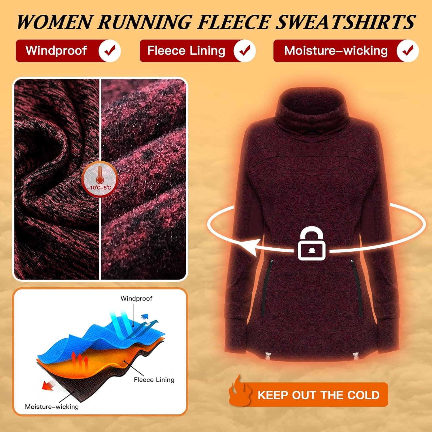 Soneven Women's Running Fleece Sweatshirts Cowl Neck Thermal Pullover Long Sleeve Shirt with Pocket and Neck Gaiter Face Mask - Image 2