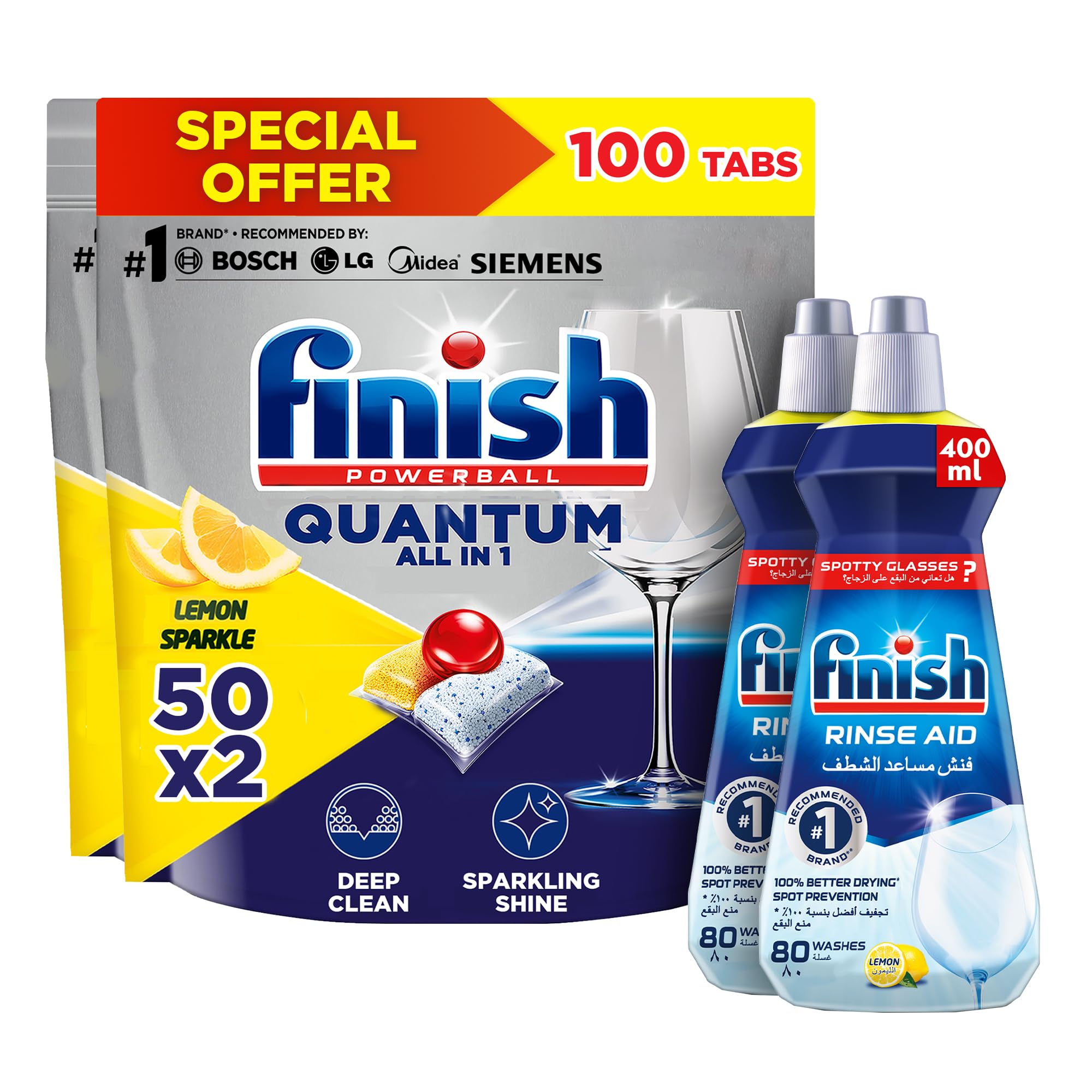 Finish Quantum All-In-One Ultimate Dishwasher Tablets, Lemon Flavour (50 Tablets + 50 Tablets) + Finish Dishwasher Rinse Aid Liquid, Lemon Sparkle - 400ml (Pack of 2)