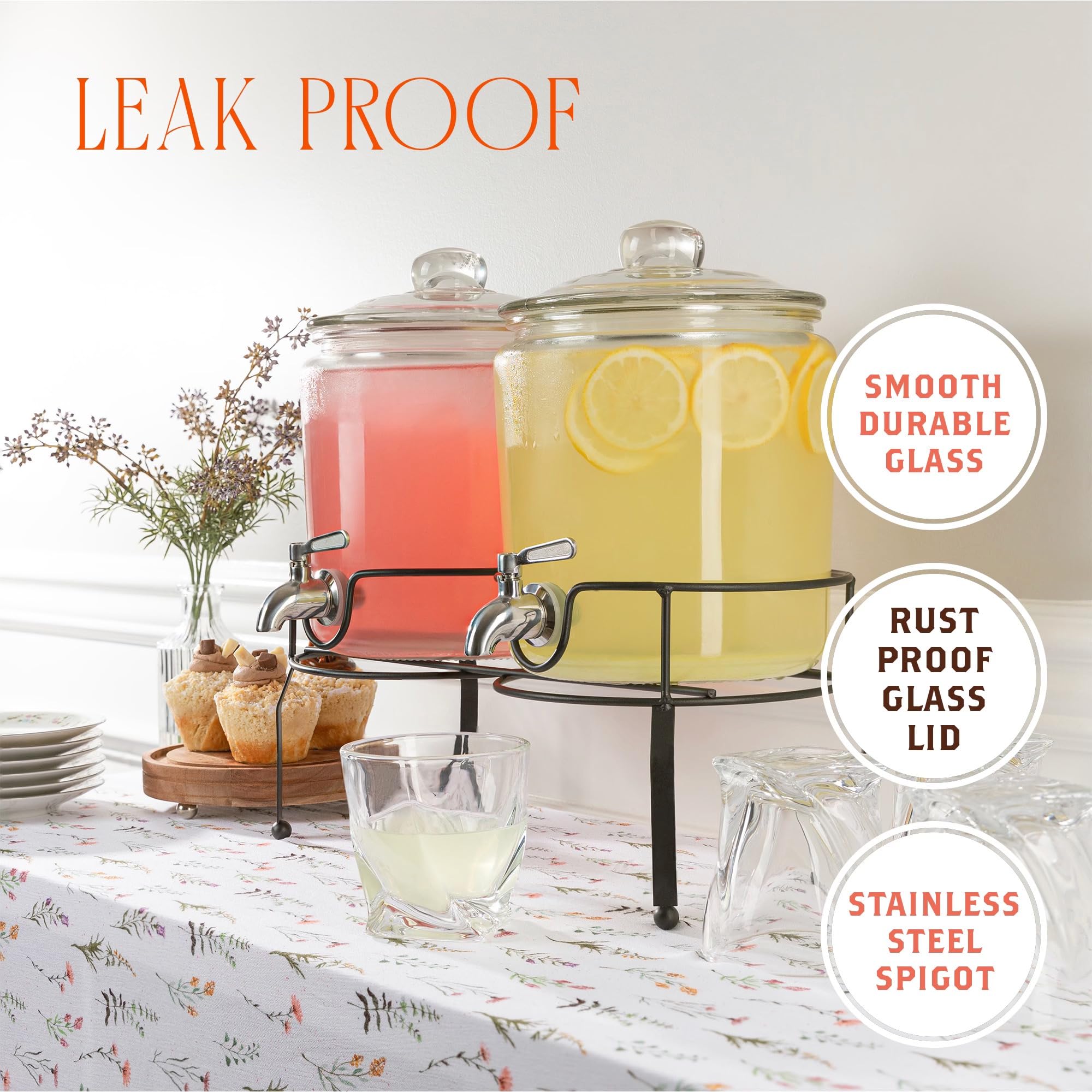 Dispensador de bebidas de doble vidrio con soporte, dispensador grande de bebidas, jugo y agua de 1 galón para fiestas con boquilla, grifo de acero inoxidable y hermético