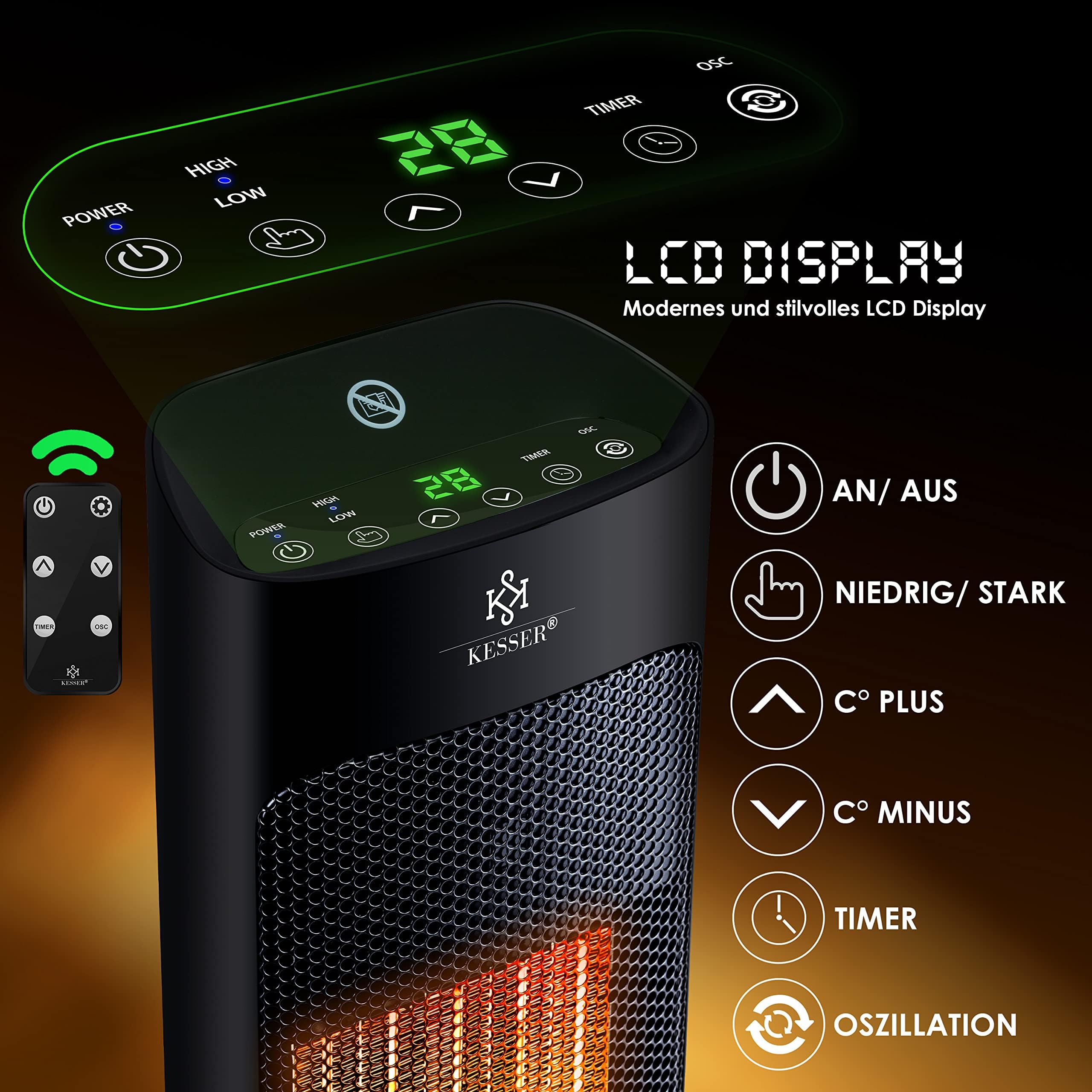 KESSER® Radiateur Soufflant avec Télécommande - Économe en Energie - Silencieux - 2000 W - En Céramique - 15-30 °C - Chauffage Rapide avec Fonction Oscillation de 80 ° - Minuterie 24 h (Noir)
