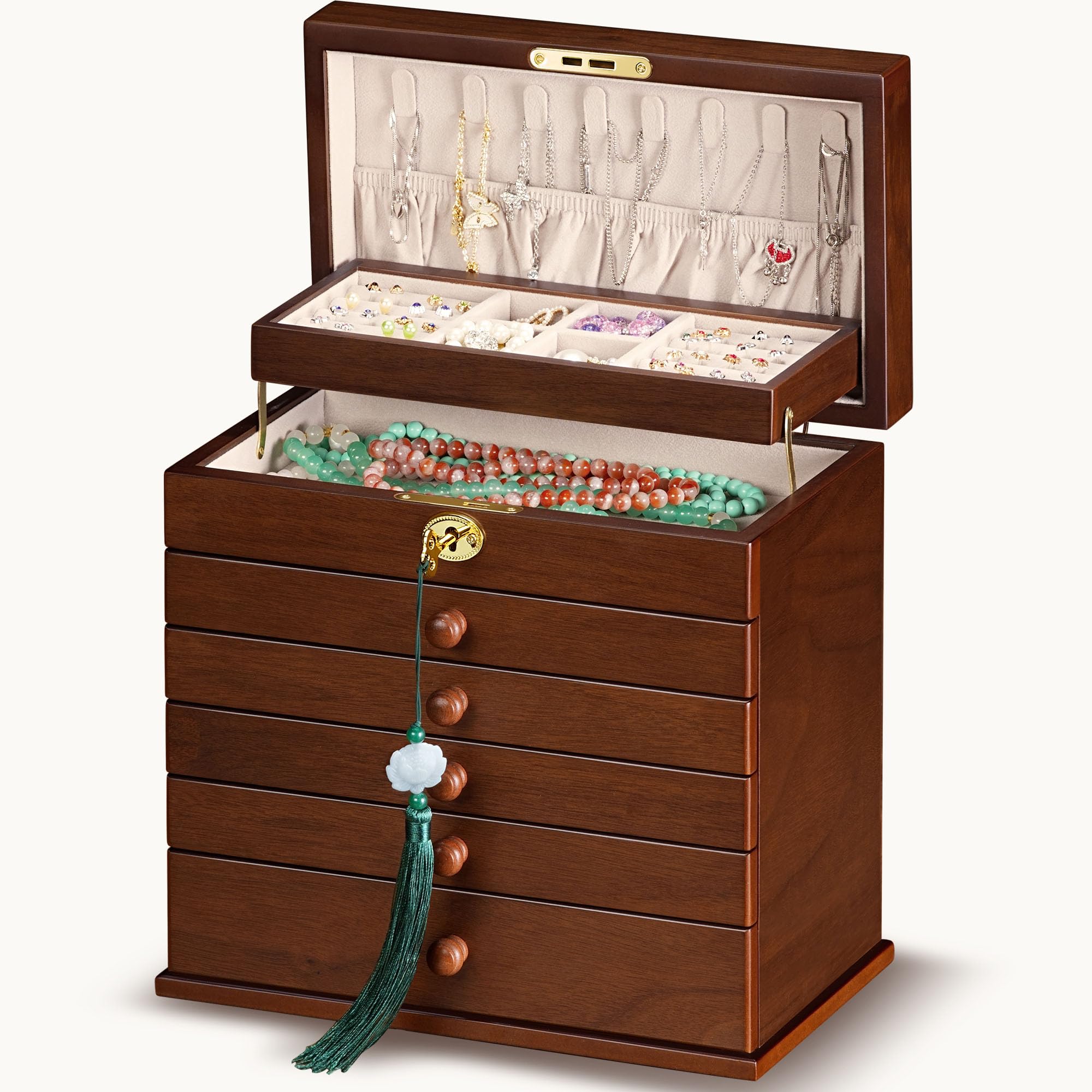 Artisticbox Jewelry Boxes and Organizers - Large Wooden Lockable Cabinet with Key, 8-Layer dresser top jewelry organizer, Vintage Jewelry box for Women and Men GiftIdea