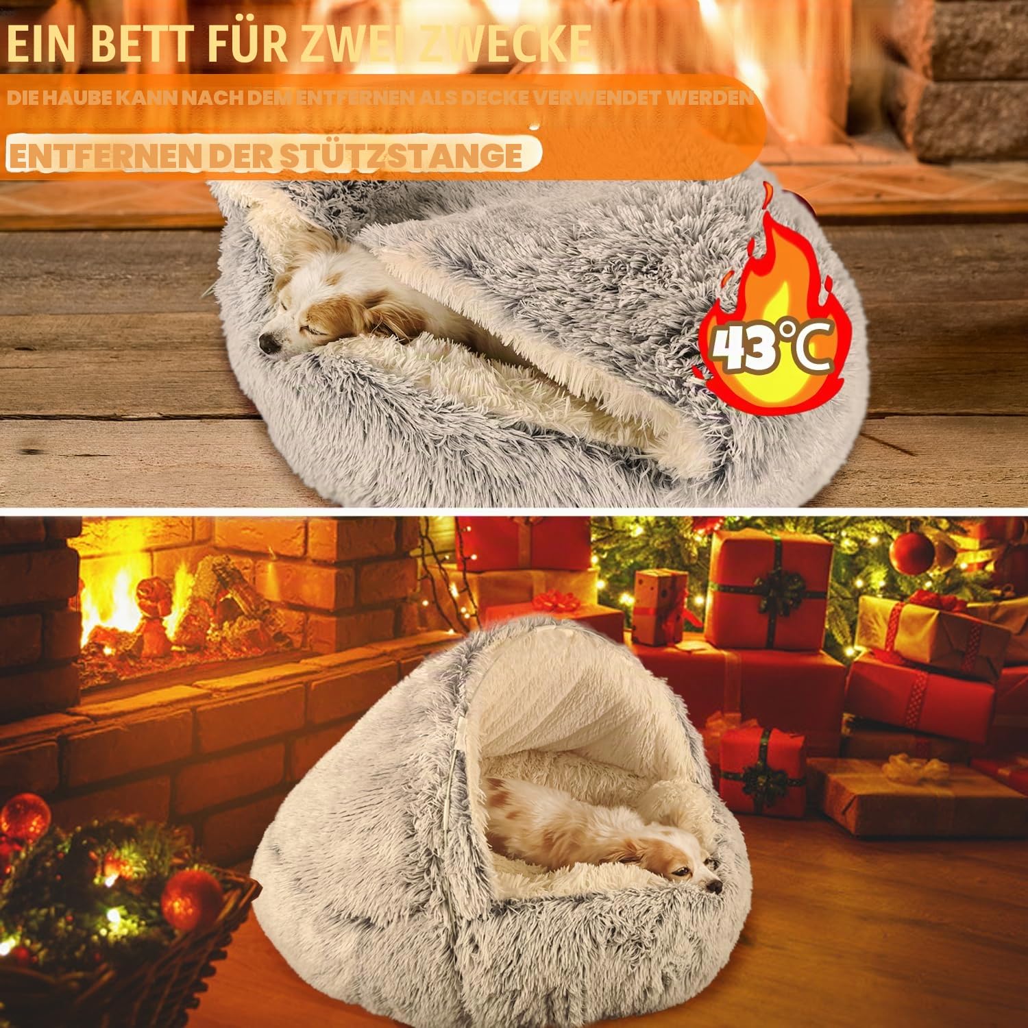 SUOXU Hundebett mit Kapuze und Stützen, Deluxe-Plüsch-Hundehöhlenbett für mittelgroße und kleine Hunde, beruhigendes Anti-Angst-Haustierbett, Abnehmbarer, waschbarer Bezug und rutschfeste Unterseite