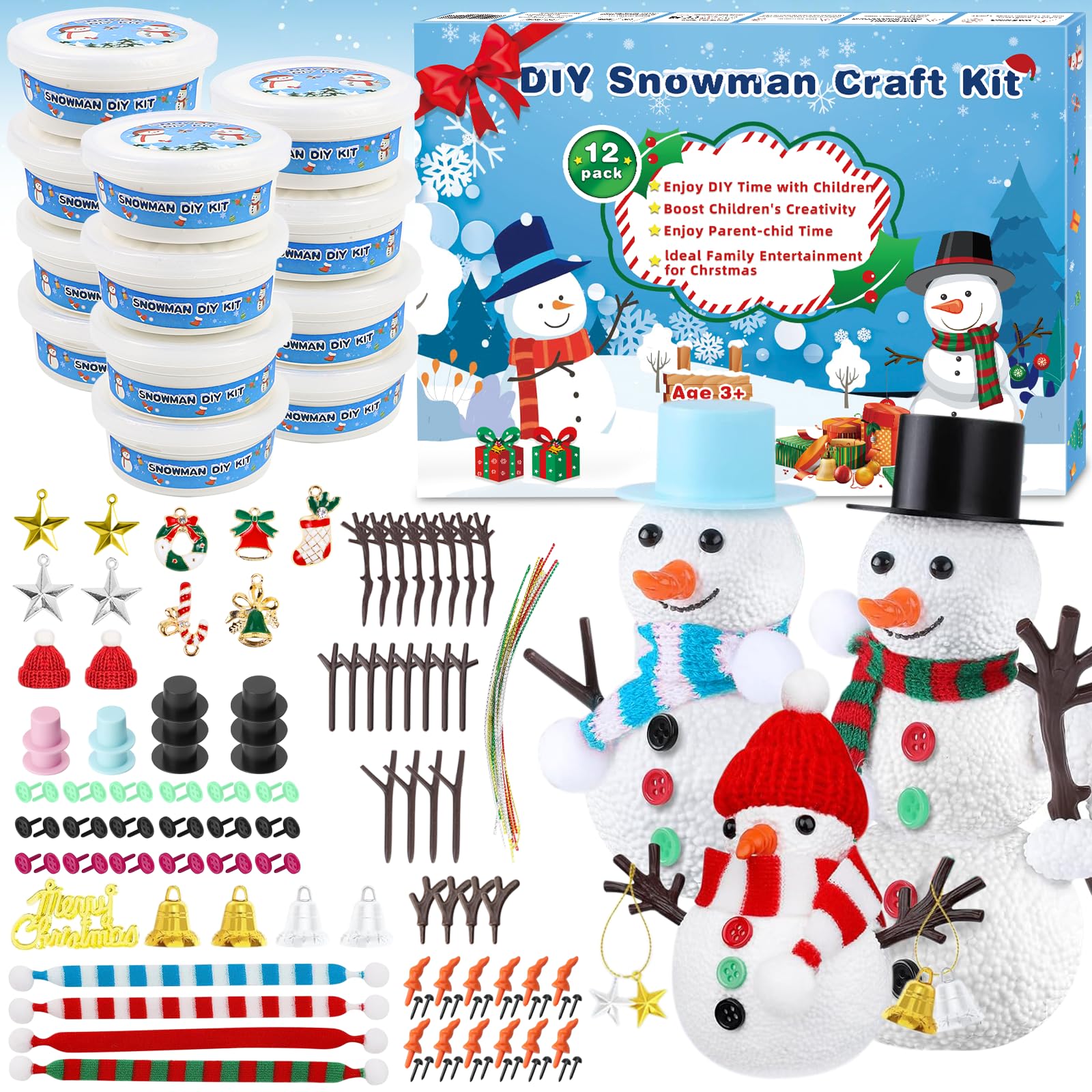 12 Pack Christmas Craft for Kid,Craft Set Christmas Modelling Clay Air Drying,DIY Snowman Kit Creative Activities Snowman Modelling Clay Magic for Christmas Party Favors Gifts for Boys and Girls