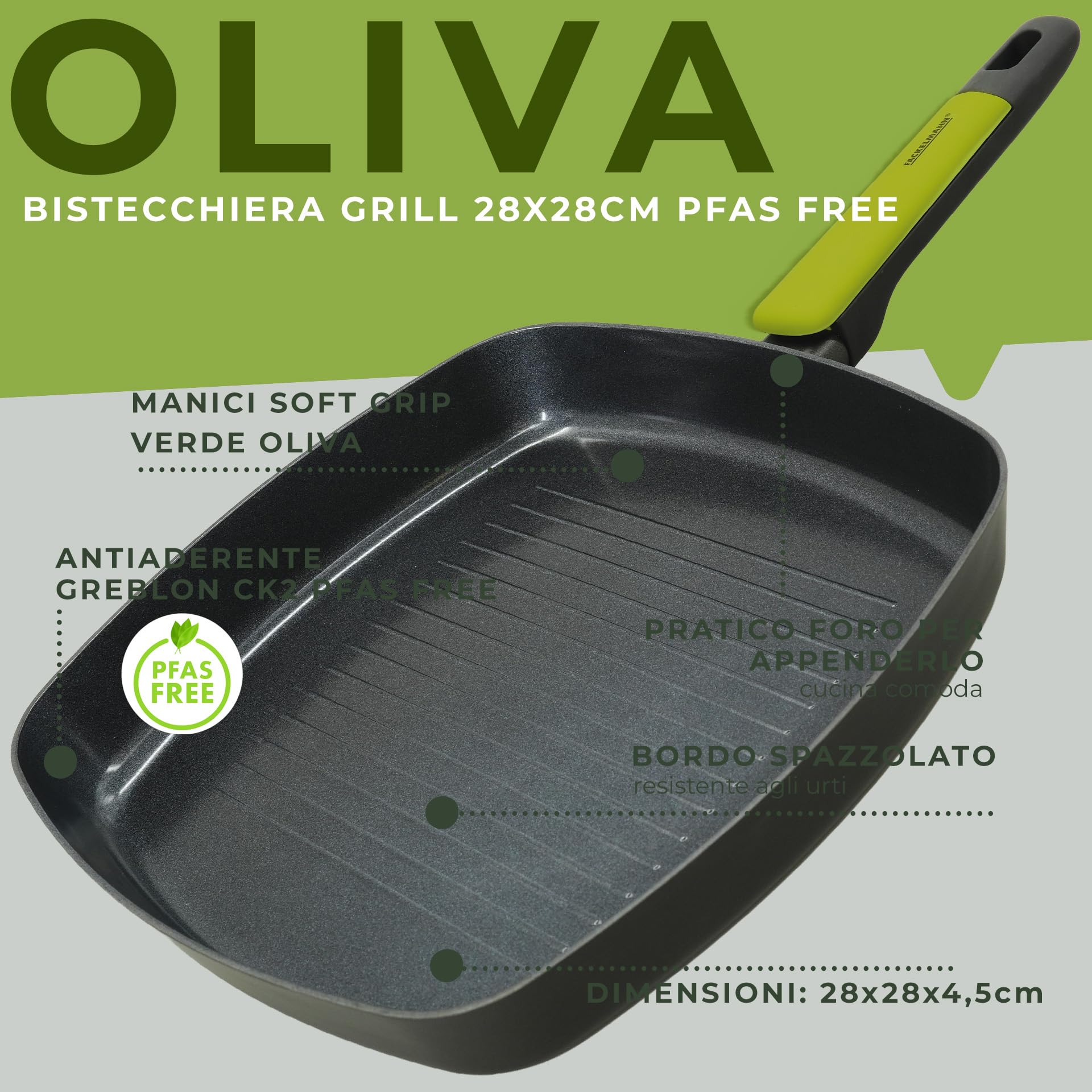 Fackelmann Bistecchiera Grill Antiaderente 28x28 cm in Alluminio Riciclato PFAS FREE, Padella Grill per Induzione con Rivestimento, Manico Soft Touch, Linea Oliva