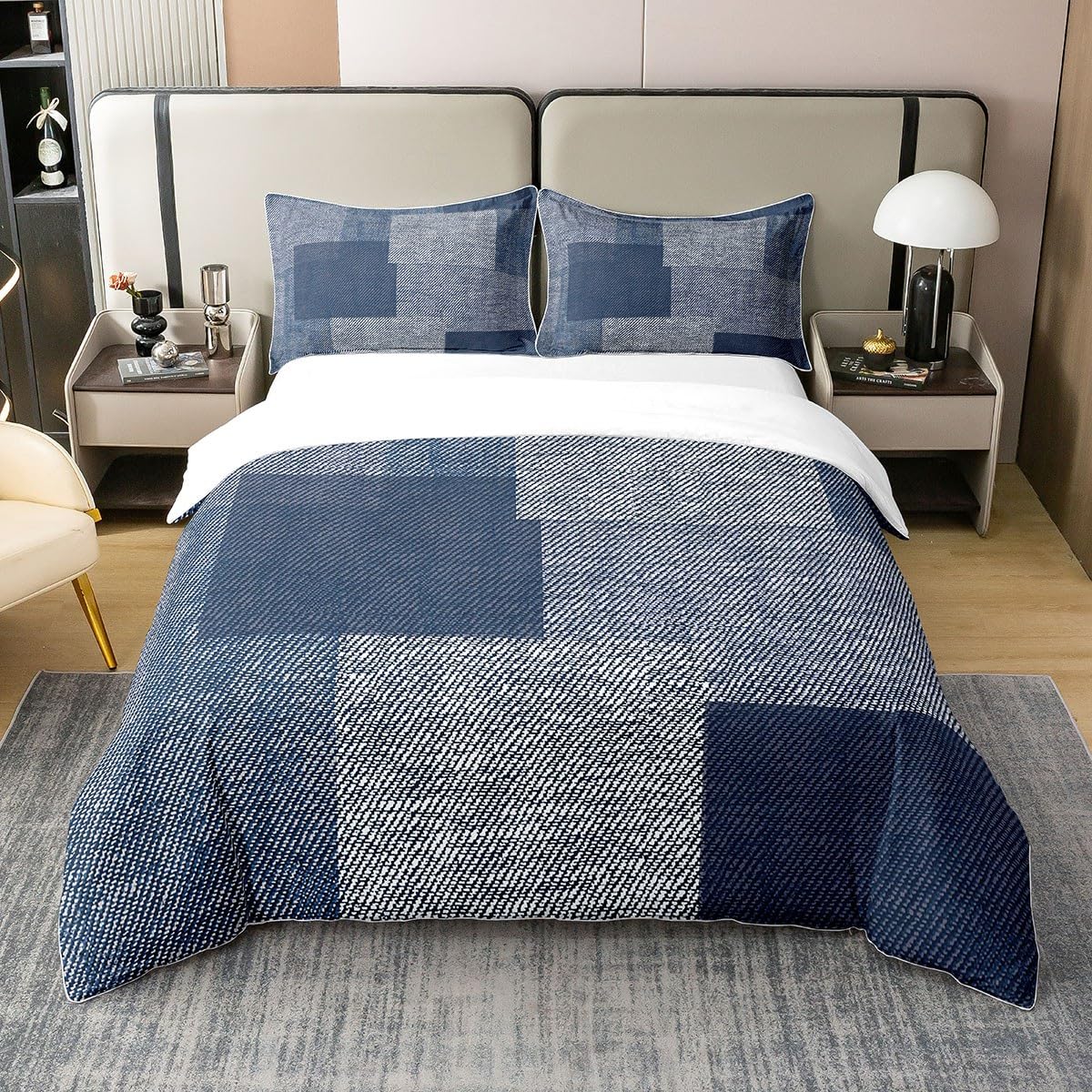 100% Nature Cotton Checker Duvet Cover,Denim Texture Navy Blue Print Soft Bedding Set for Adults Kids,Retro Style Farmhouse Decor Comforter Cover Bedding 3 Pcs (No Comforter),Super King