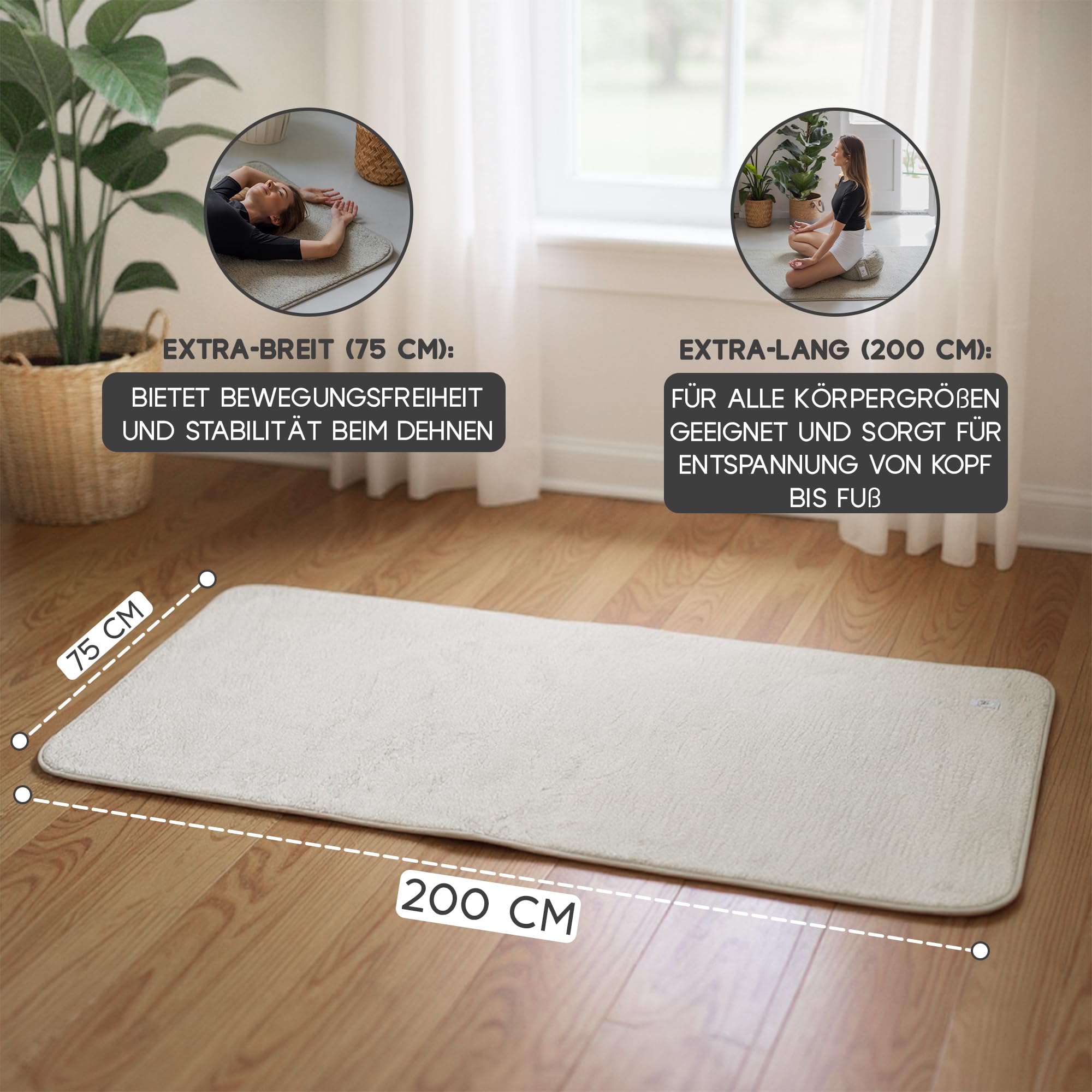 Yogamatte Schafwolle | Natürlich Merino Wolle Trainingsmatte | Yogamatte rutschfest | Hautfreundlich & kuschelig | Perfekt für Meditation, Pilates & Fitnessübungen | Mit Tragetasche - 200x75 cm
