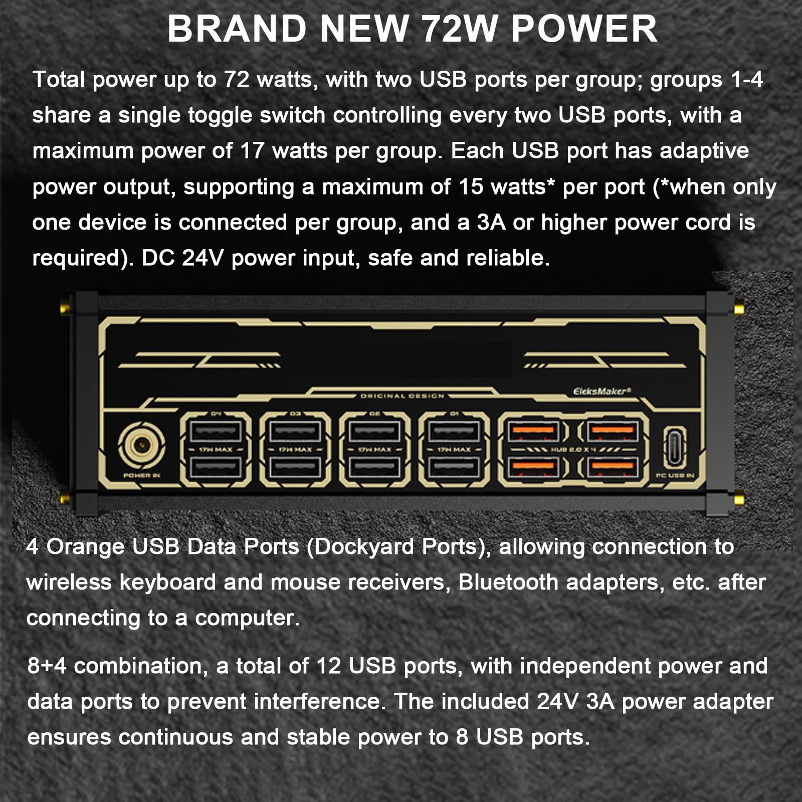 8-portowa stacja dokująca USB, 72 W USB Power Hub, 4 niezależne przełączniki dźwigniowe, wyświetlacz IPS 2,4", inteligentny kontroler zarządzania energią do urządzeń stacjonarnych