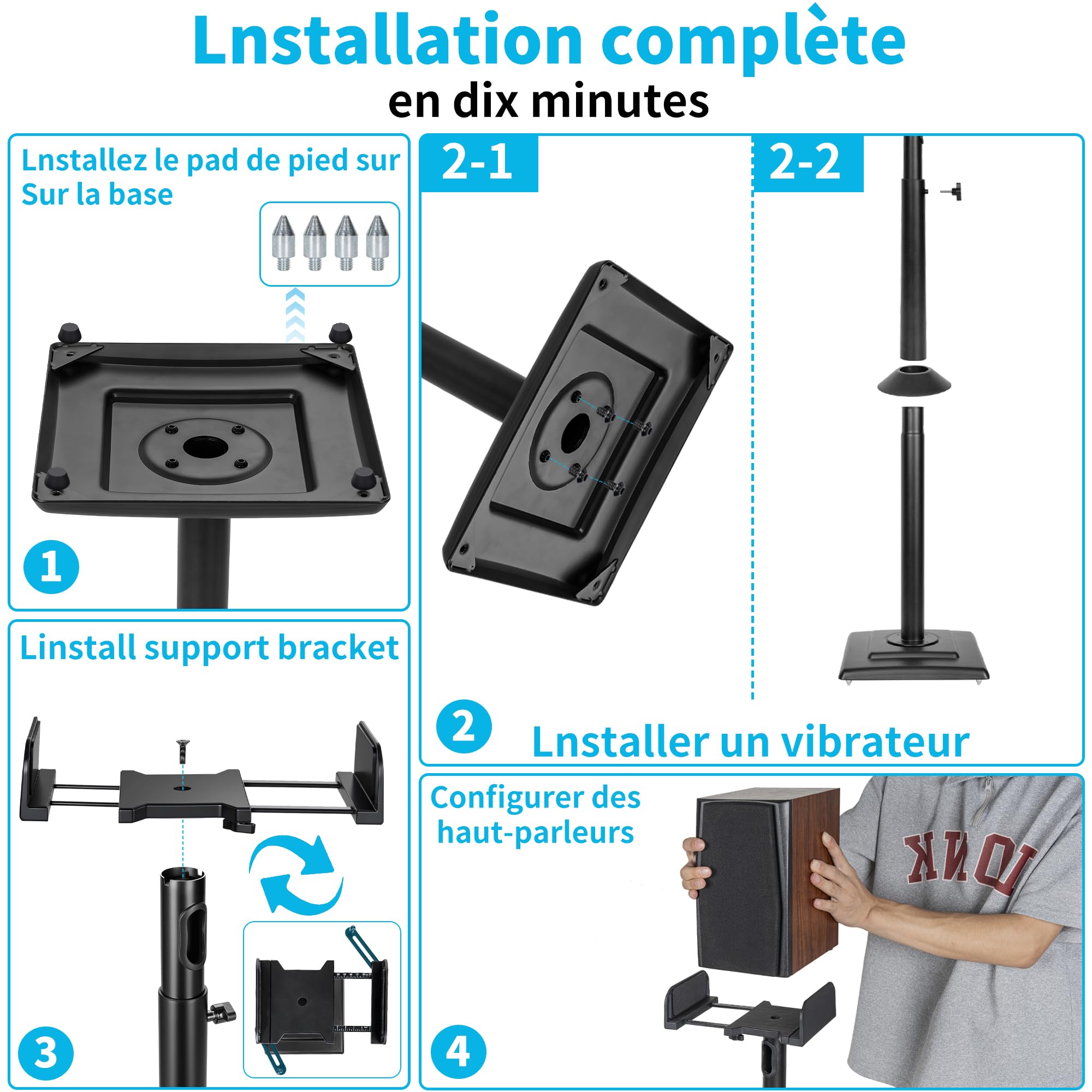 OUUTMEE Lot de 2 Supports d'Enceinte Réglable en Hauteur, Pieds d'Enceinte de Sol avec Gestion des Câbles Jusqu'à 5KG, Supports de Haut-parleurs pour Enceintes Satellites (Noir)
