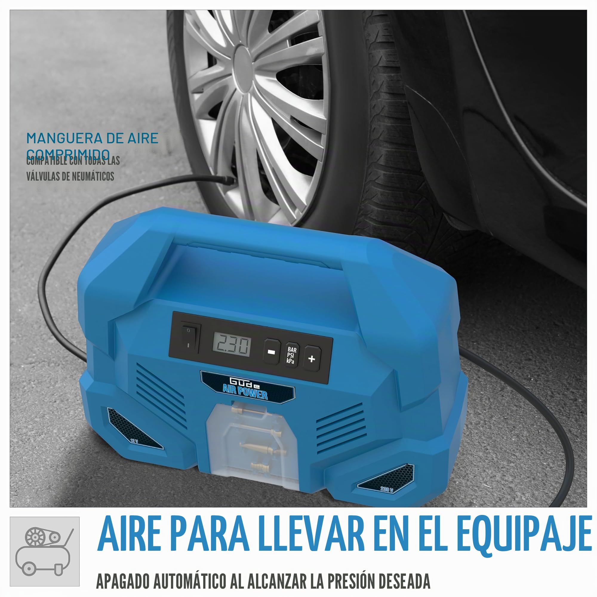 Güde Compresor Airpower Dual Drive 12/230 V/5 piezas: 150 W, máx. 8 bar, 20 l/min, sin aceite ni mantenimiento, conexión 12 V y 230 V, pantalla LCD, manguera de aire, azul y negro