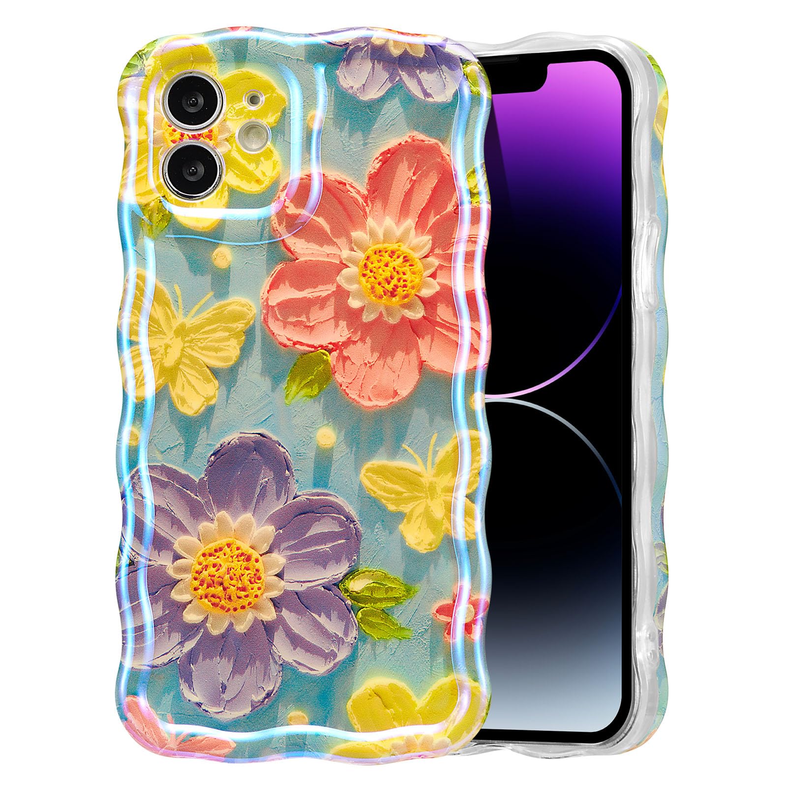 EYZUTAK Case for iPhone 15, Colorful Retro Oil Painting Flower Laser Beam Glossy Pattern Cute Curly Waves Border Exquisite Phone Cover Stylish Durable Soft TPU Protective Case for Girls Women - Green — view 67
