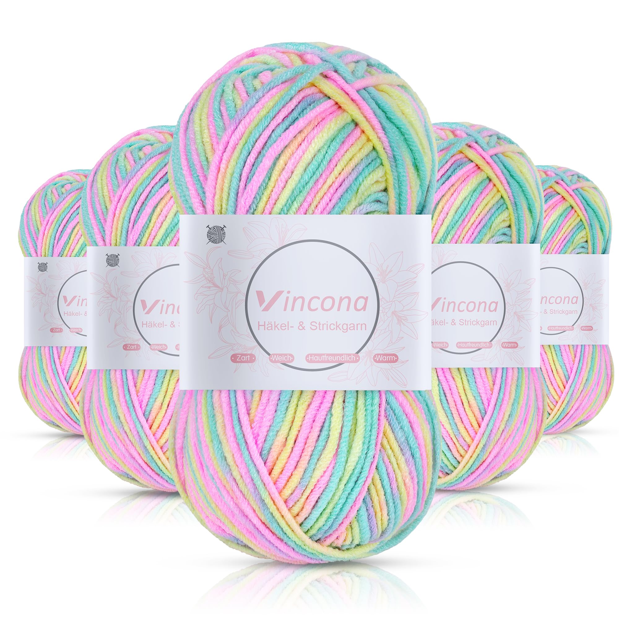 Vincona Häkelgarn，5x50 g Wolle zum Häkeln，Bunt Farbverlauf Acrylgarn zum Häkeln，Wolle zum Häkeln und Stricken, Handstrickgarnsets Geeignet zum Stricken von Puppen, Pullovern, Schals, Mützen