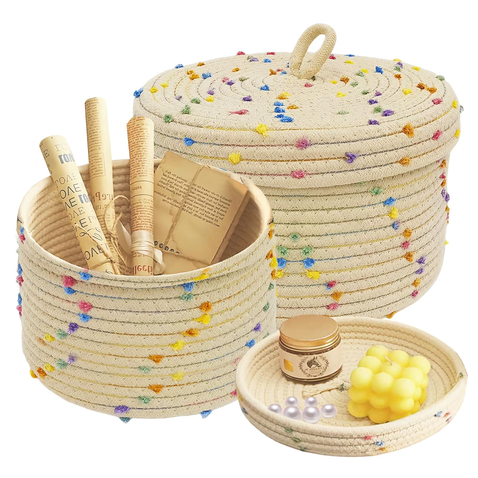 2 cestini in corda di cotone intrecciati: cestino intrecciato con coperchio, cestino intrecciato per piante, rotondi, colorati pois decorativi, per piante, filati, accessori per la cameretta