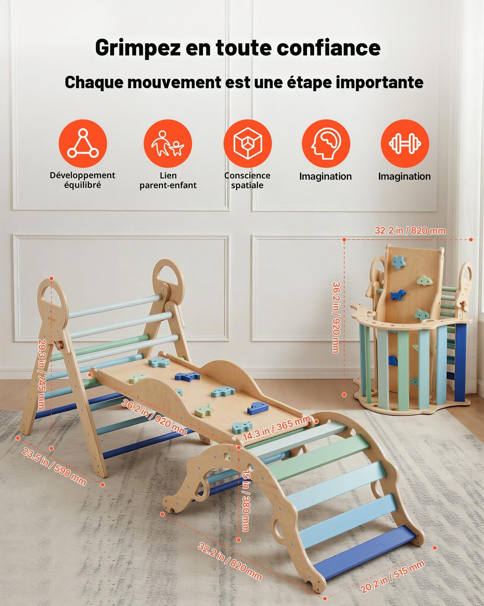 VEVOR Triangle d'escalade 9 en 1, Triangle de Pikler avec 2 Voitures en Bois, Coussin, Triangle, Arche et Rampe, Parcours Motricité Intérieur Montessori pour Bébé et Enfants, Charge Max 68 kg, Bleu