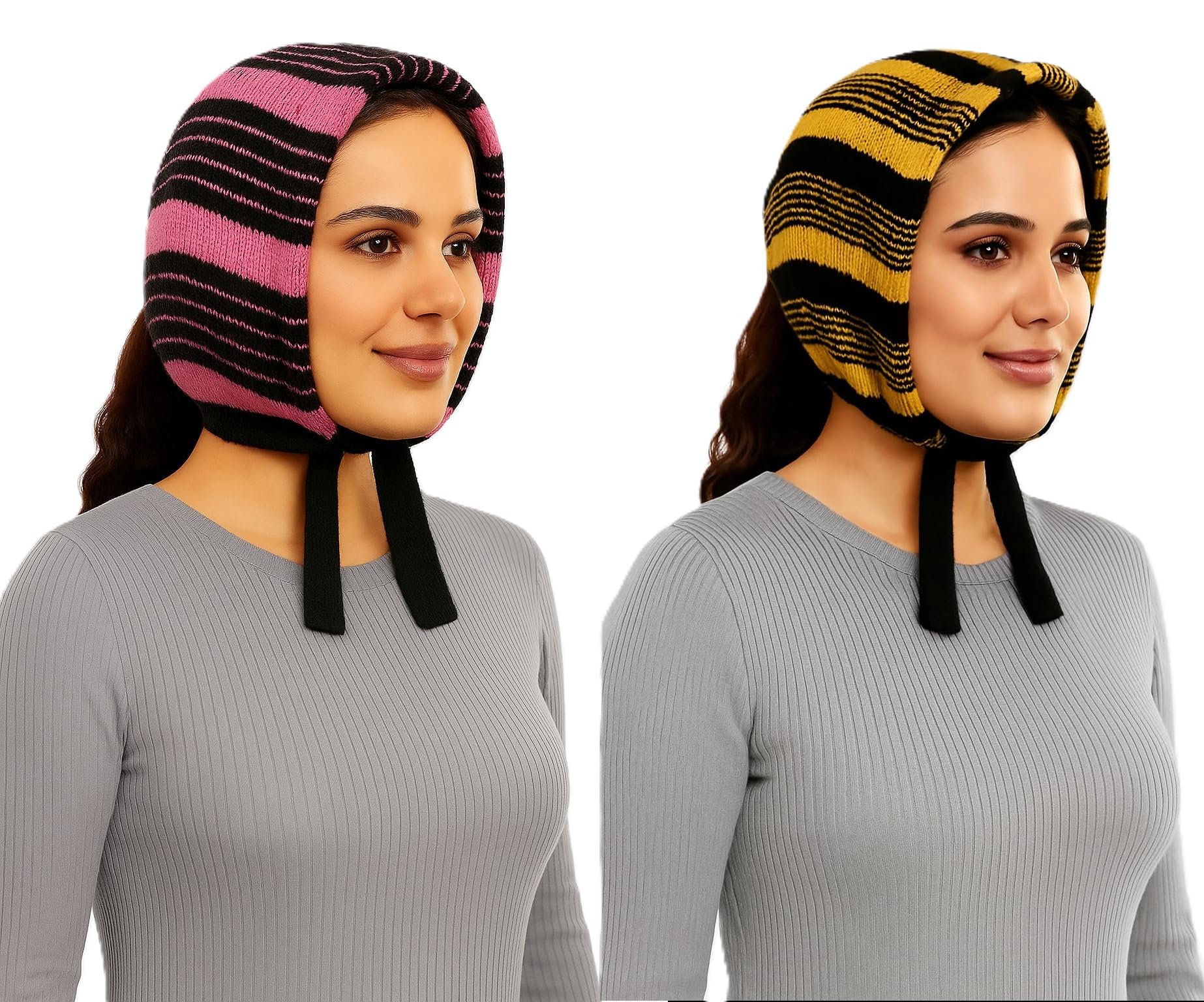 Lines - Stylish Winter Knit Muffler, Striped Pattern, Ear Protection Design with Ties, Warm Casual Wear for Women(Pack of 2, Multicolor, Color Varies)