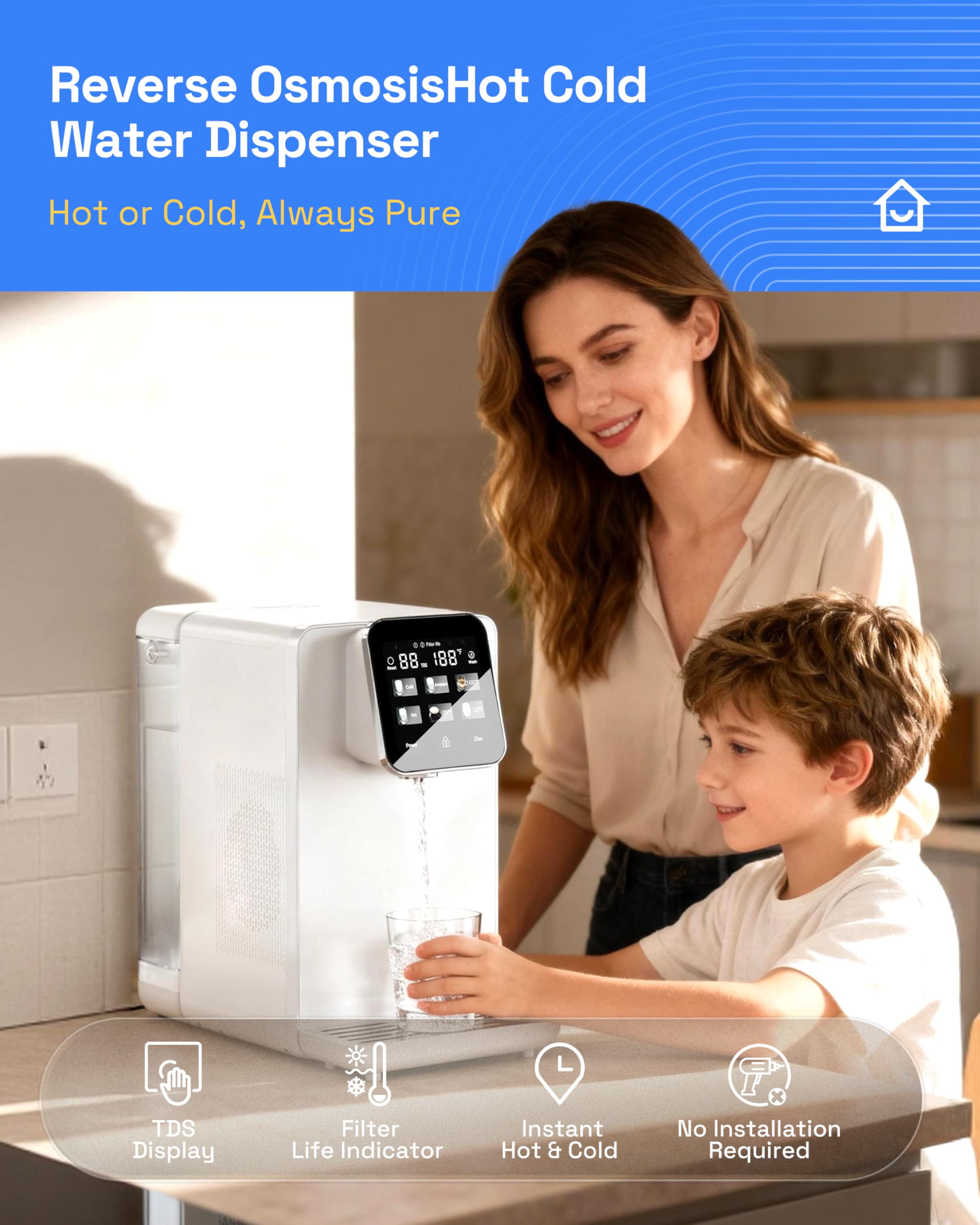 HBN Sistema di filtraggio dell'acqua a osmosi inversa da banco caldo e freddo, 6 opzioni di temperatura, doppio filtro PAC+ROC, controllo touch, per cucina domestica o uso ufficio
