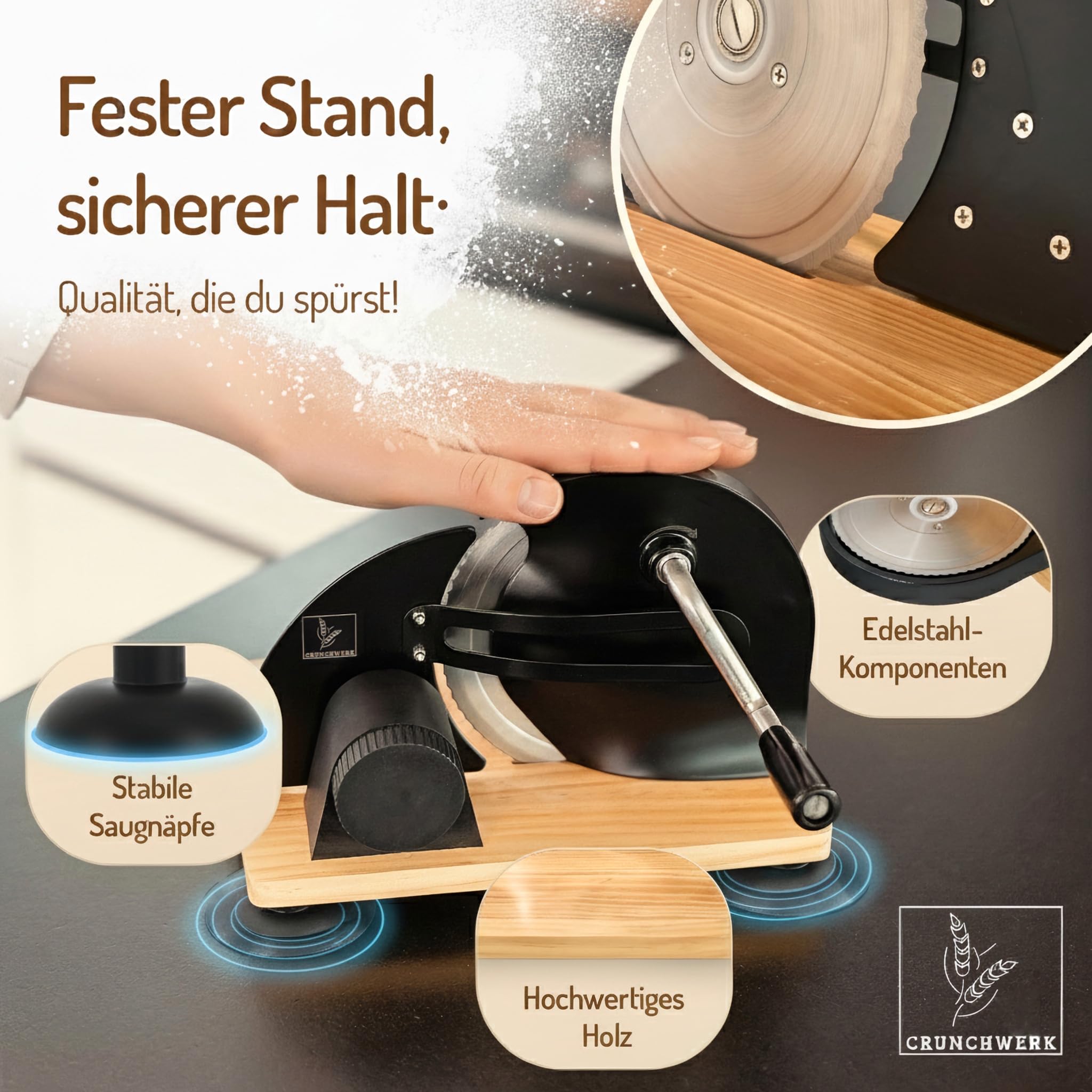 Brotschneidemaschine manuell – Hochwertiger Edelstahl Allesschneider mit Kurbel & Holzbrett | Präziser Schnitt, Retro-Design, rutschfeste Saugfüße für Brotliebhaber | Schwarz