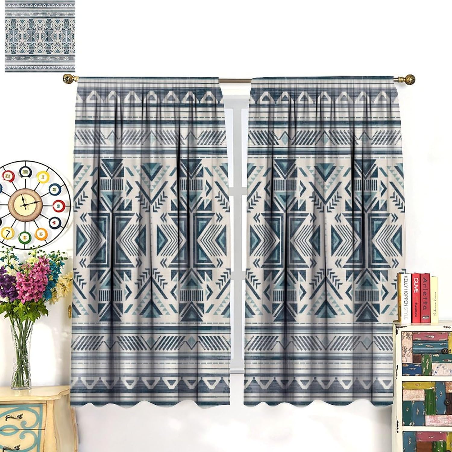 Native American Aztec Curtains Retro Geometric Ethnic Aztec Navajo Vintage Blackout Window Drapes for Bedroom Living Room Kitchen Cafe Decor （W21xL45 Inch） x2 Panels