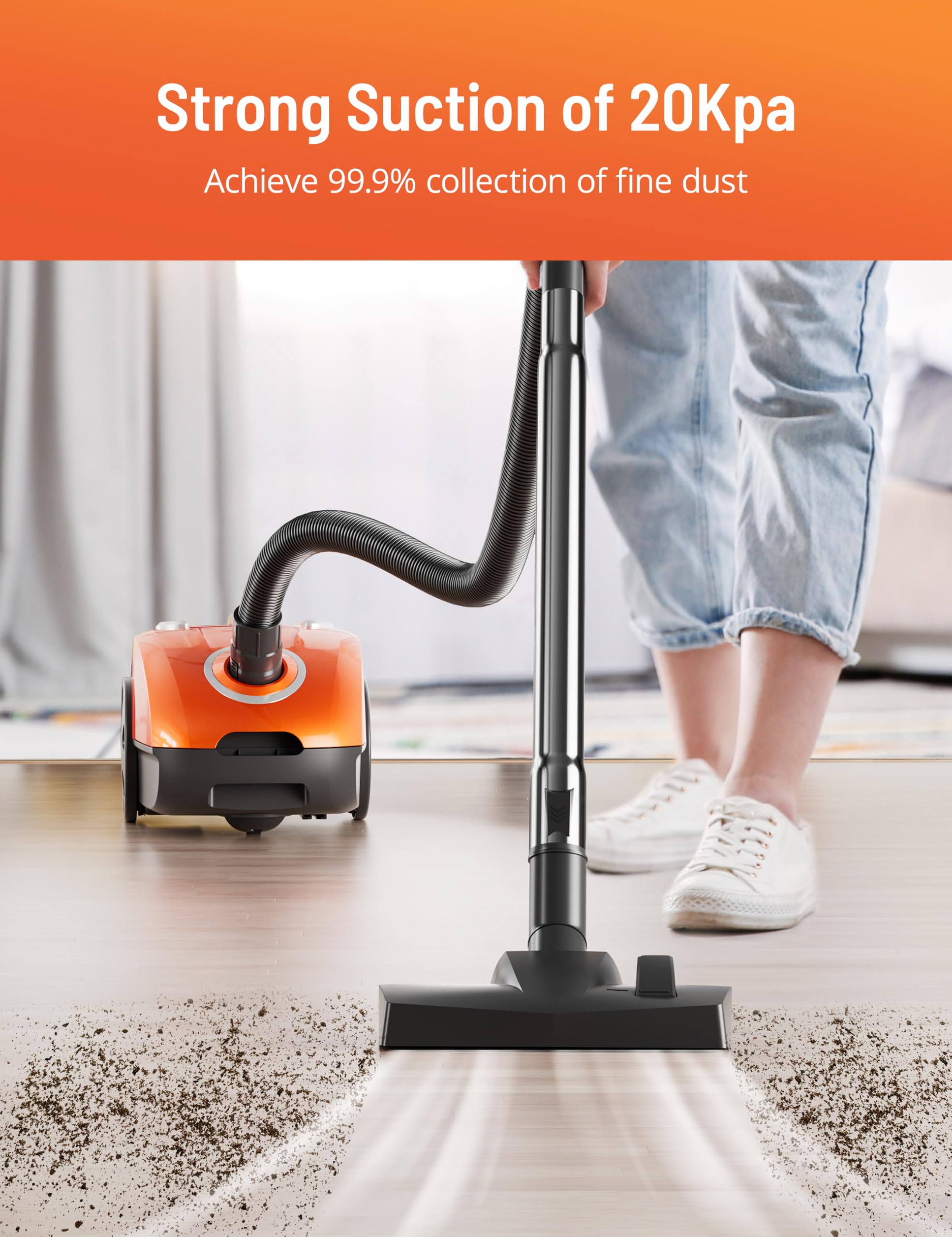 Bagged Canister Vacuum Cleaner, Canister Vacuum Cleaners for Home, Automatic Cord Rewind, Portable Corded Vacuum Cleaner with 3 Replacement Bags for Hard Floors, Pet Hair, Carpet and Upholstery - 2