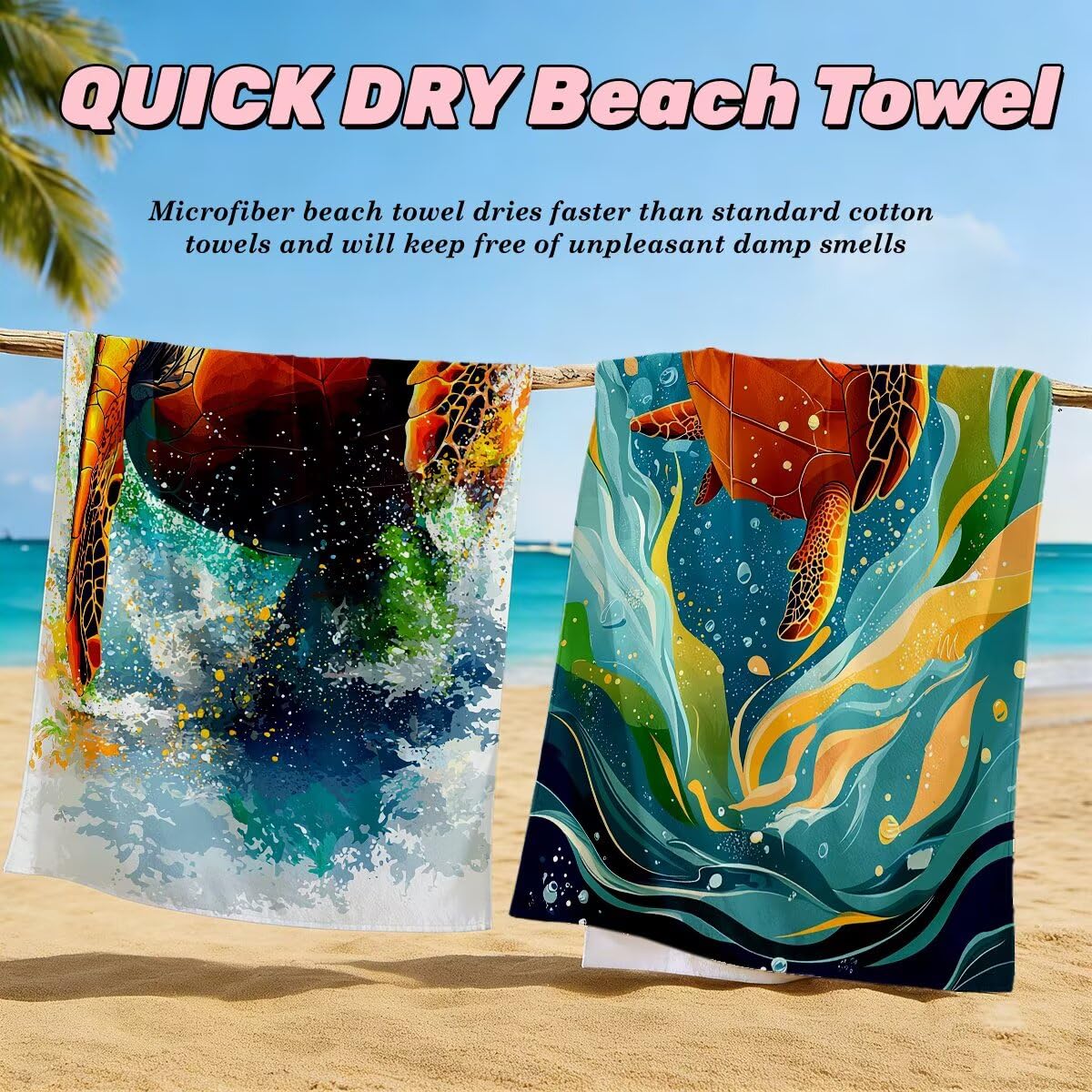 Ręcznik plażowy XXL, 100 x 220 cm, zestaw 2 sztuk, z mikrofibry, żółw, szybkoschnący, do sauny, fitness, bez piasku, ręcznik plażowy, do sauny, duży na prezenty -4501