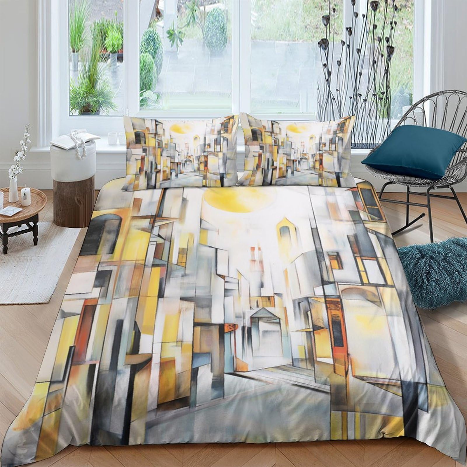 Ctjqhvkz Style-7 3D Printed Abstract Cityscape Fitted Sheet Microfiber Modern Yellow Grey Mattress Cover For Bedroom Decor Single（135X200cm）