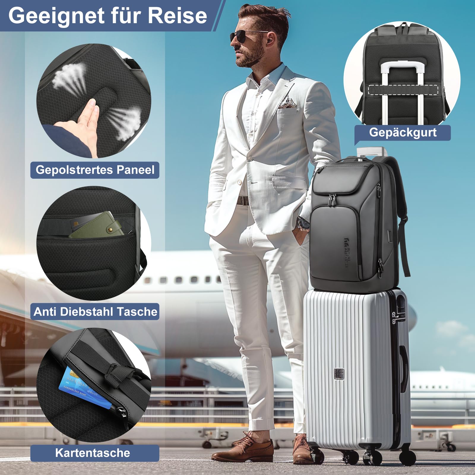 Herren Rucksack,17,3 Zoll Laptop Business Rucksack-Dunkelgrau | Wasserabweisender Kabinenrucksack mit USB-Anschluss, zugelassen als Bordgepäck, ideal für Arbeit, Geschäftsreisen & Ausflüge