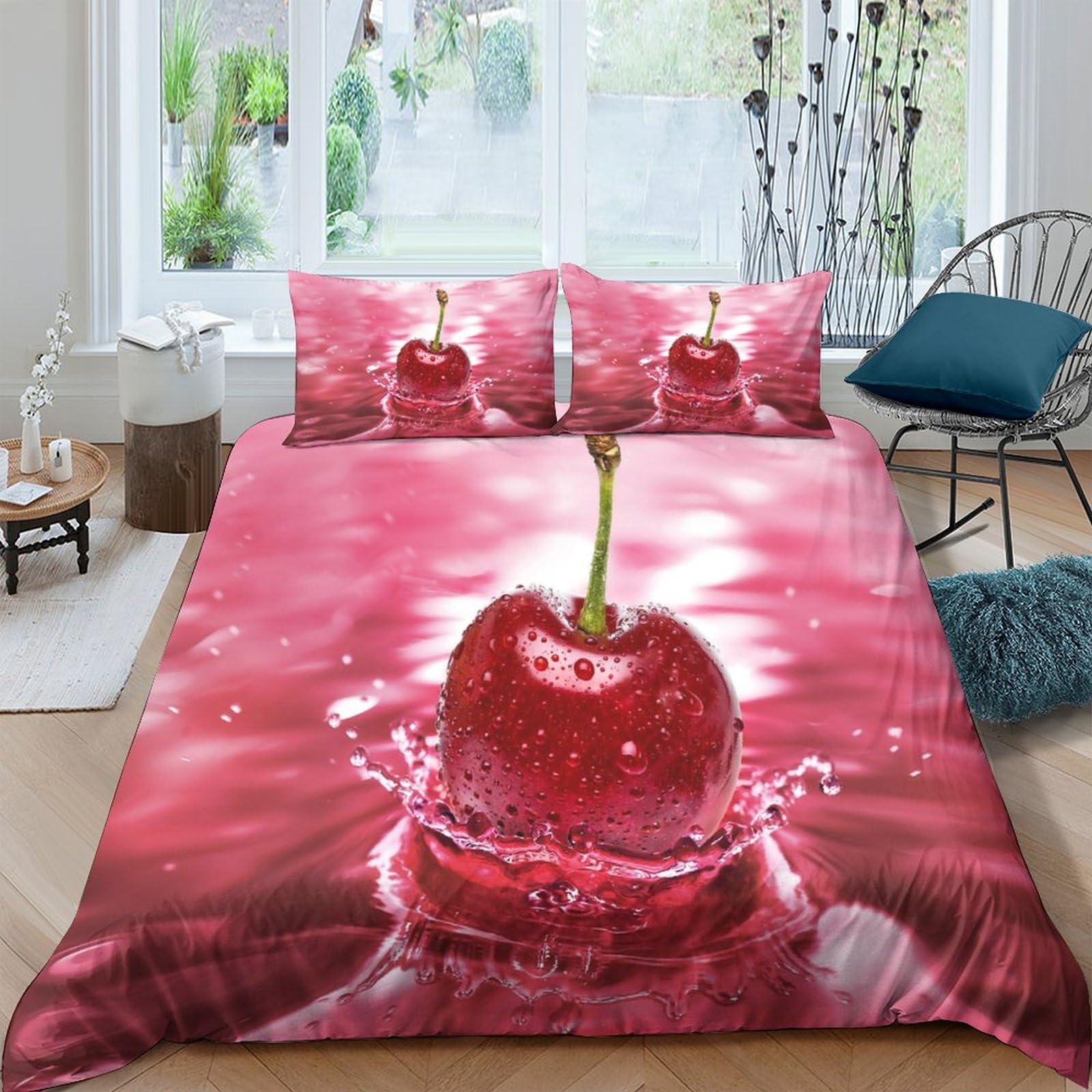Housses de couettes fruits 3D Cerise Rose parure de lit enfant adulte 200x200