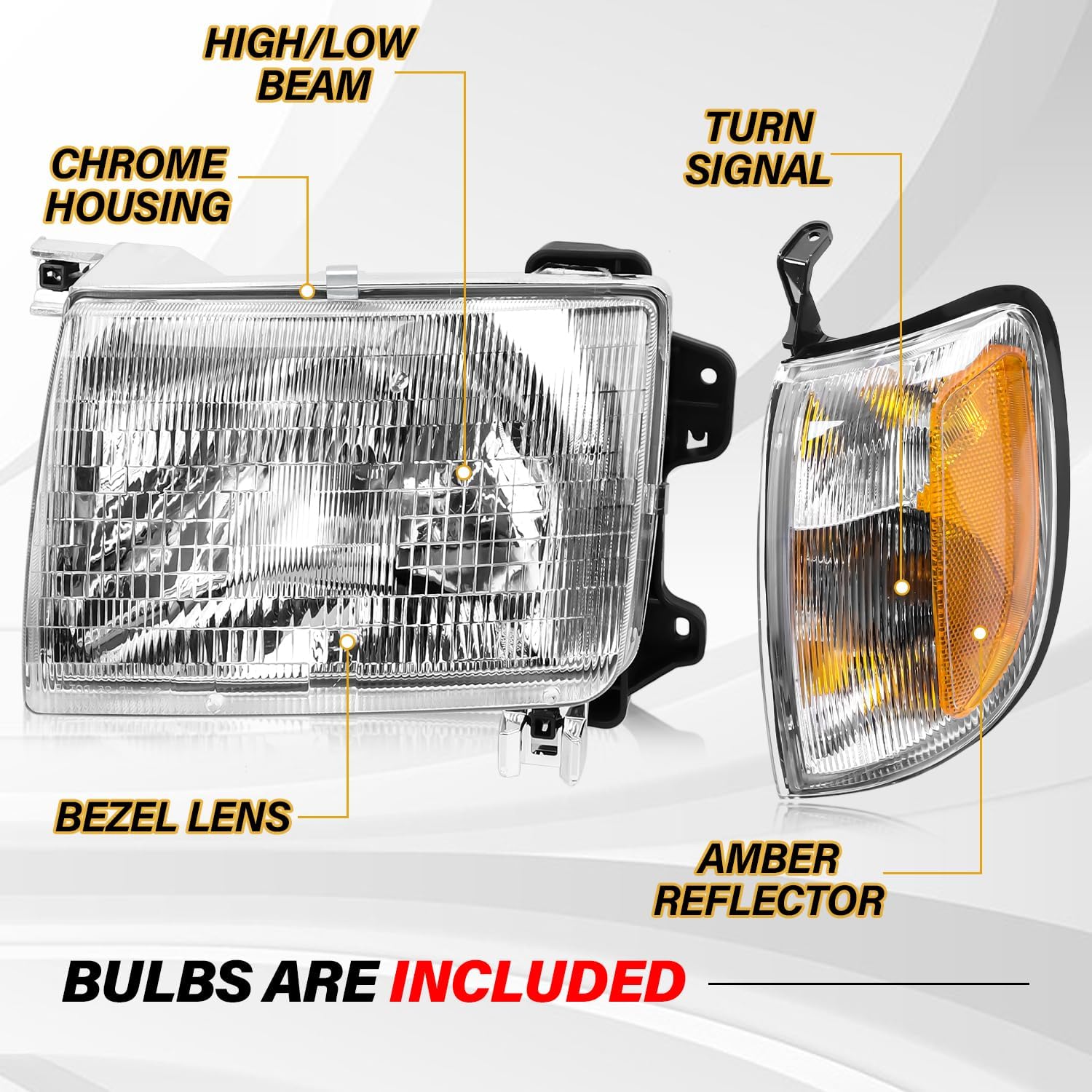 Headlight Assembly with Corner Light Compatible with Nissan Xterra 2000 2001 | Frontier 1998-2000, Chrome Housing Halogen Headlamp for 26010-3S525 26060-3S525, 4Pcs without Bulbs