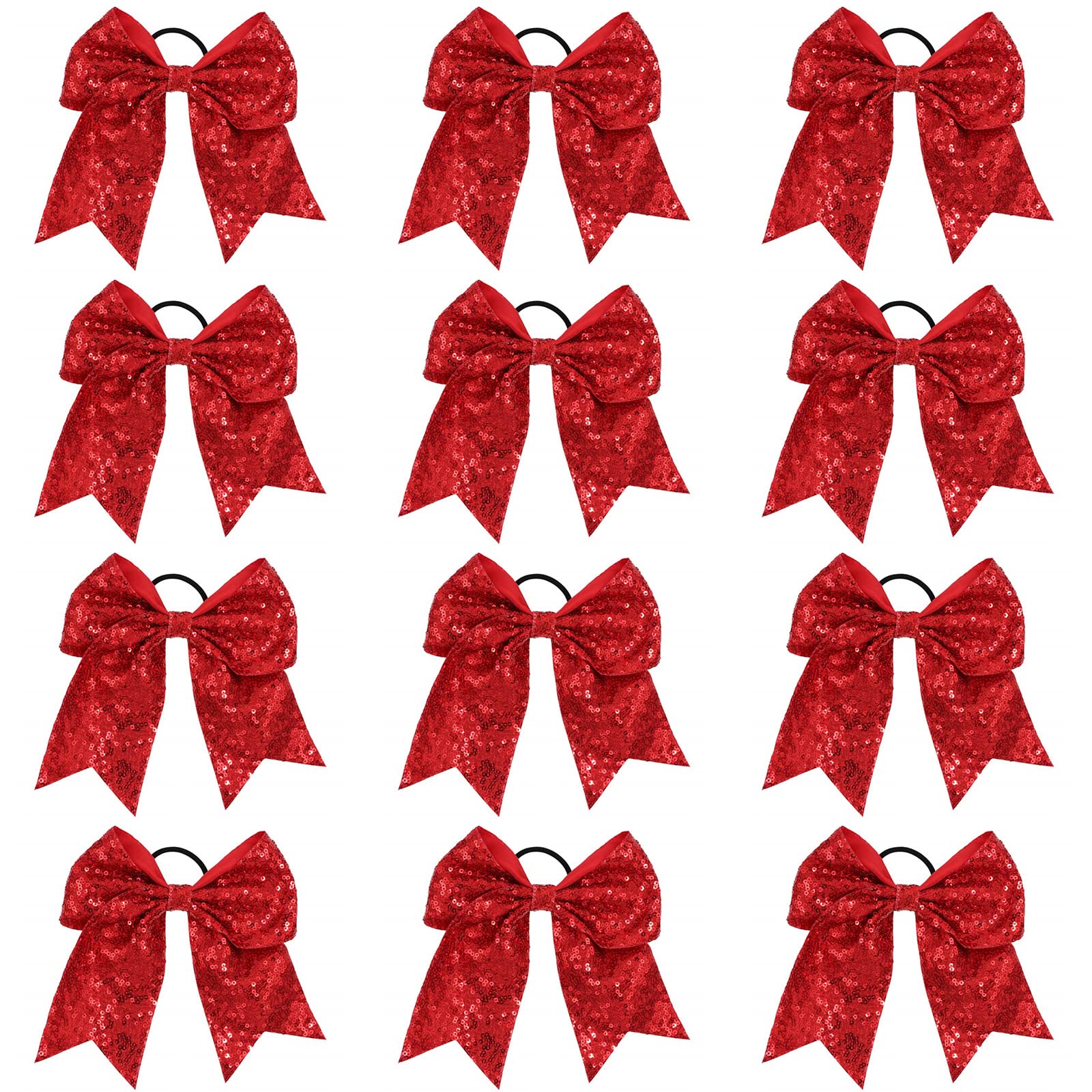 Caenagrion 12 PCS 7" Sequin Red Cheer Hair Bows Ponytail Holder Elastic Band Handmade for Cheerleaders Teen Girls College Sports