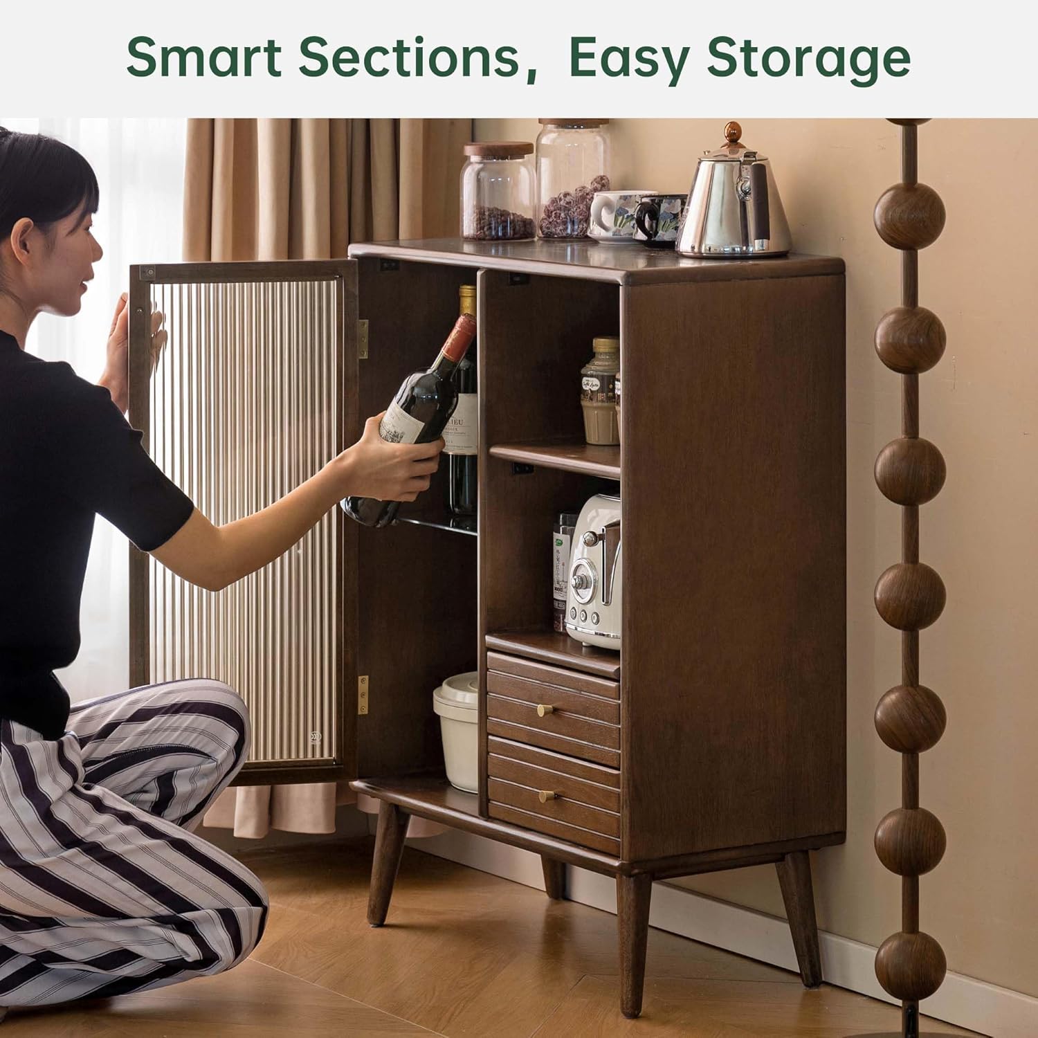 100% Solid Wood Storage Cabinet with Doors and Shelves, Kitchen Storage Sideboard Buffet Cabinet with Drawer, Display Cabinet for Living Room, Dining Room (Walnut, 22.5inch)