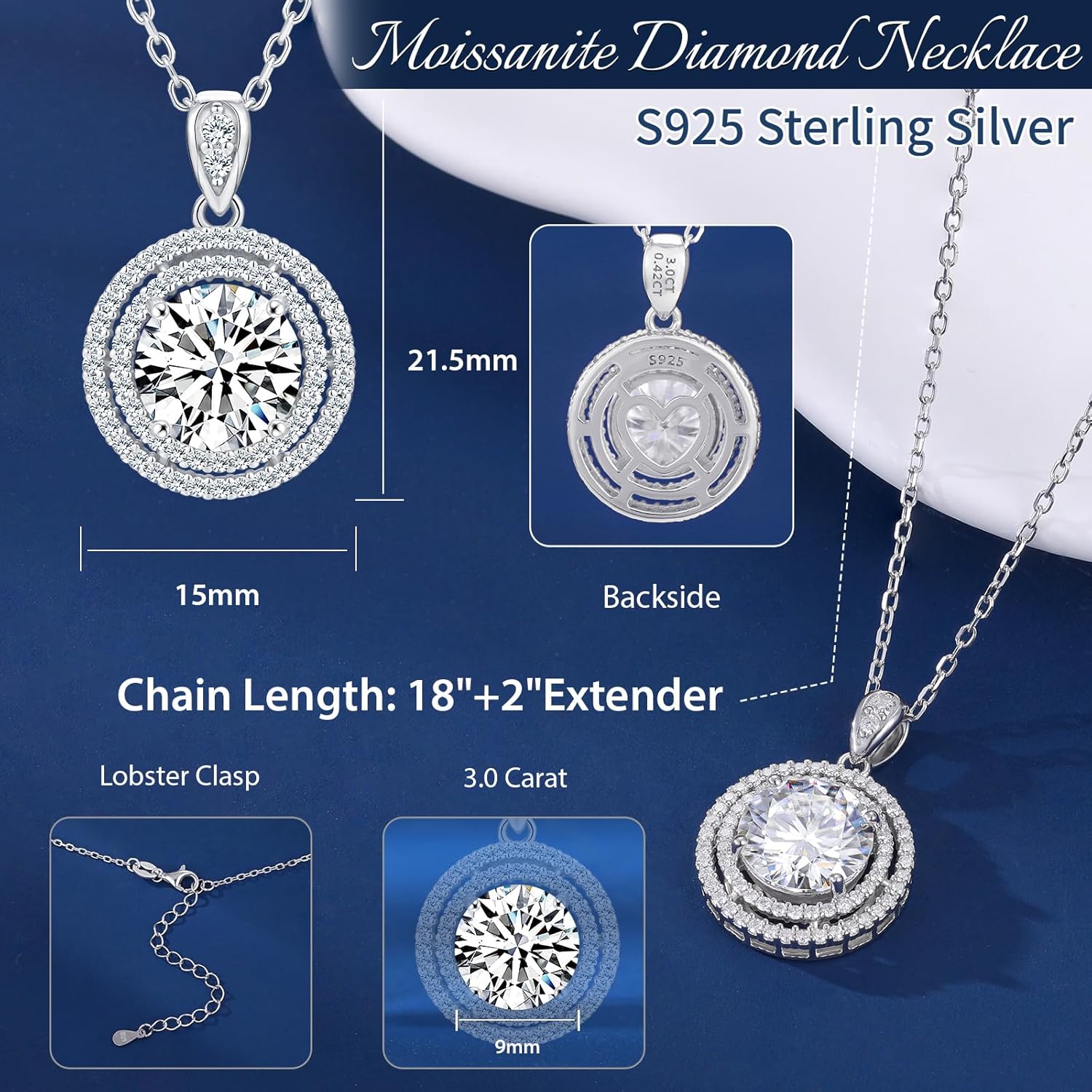 Moissanite Necklace for Women, 1-4CT S925 Sterling Silver Moissanite Pendant, 18K Gold Plated Halo White Gold Necklace- 18"+ 2" Extender Chain- Birthday Valentines Day Gifts for Her Women Wife Mom - Image 3
