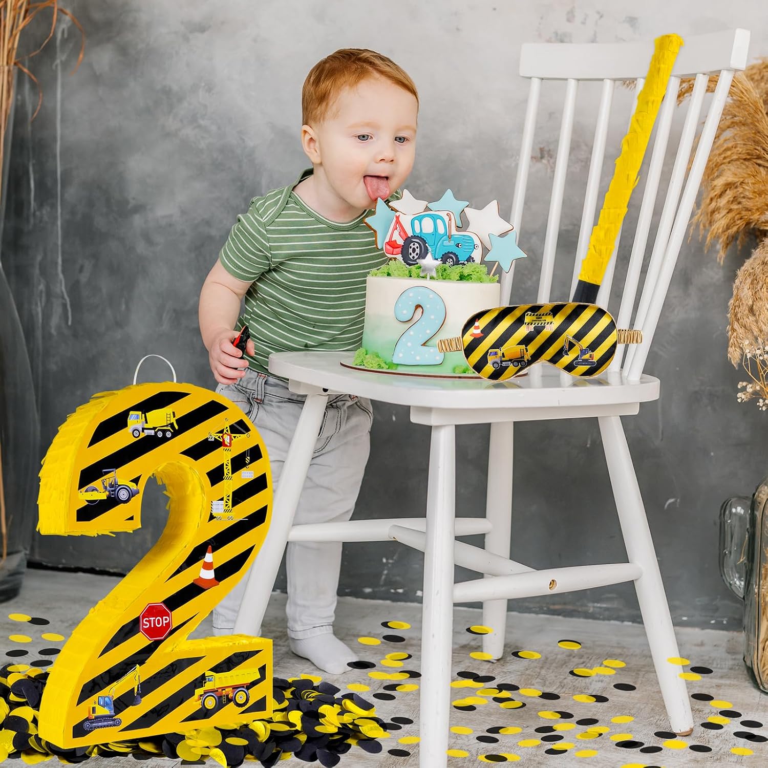 Construction Birthday Decorations, Construction Number 2 Pinata with Stick Blindfold and Confetti Yellow and Black Striped Construction 2nd Birthday Party Decoration & Supplies (Construction 2)