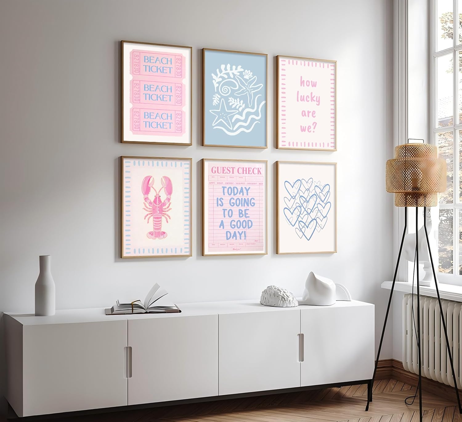 Pink Blue Beach Preppy Wall Art Coastal Granddaughter Aesthetic Summer Picture Wall Decor Trendy Beach Ticket Starfish Poster Lucky Heart Painting Print Artwork for Girly Room Dorm Apartment, Unframed