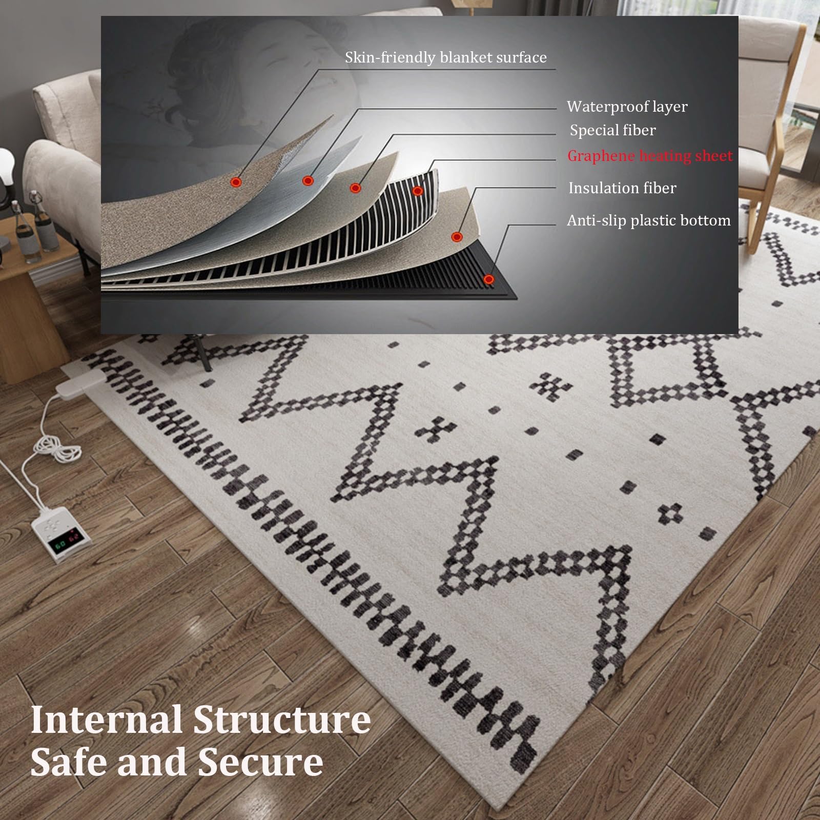 Manta eléctrica calefactora de grafeno, temperatura ajustable, suave y afelpada, calentador de pies con temporizador, calentamiento rápido para sala de estar(B,80CM*120CM/31.4 * 47.2in)