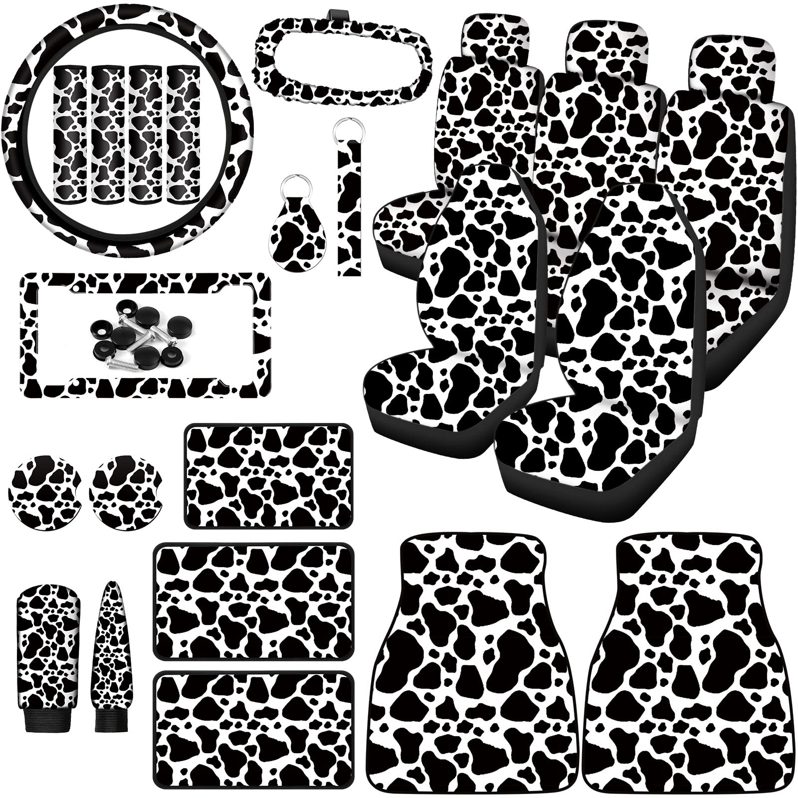 Tallew 26 Pieces Cow Print Car Accessories Set Seat Cover Steering Wheel Belt Cup Holder License Plate with Screws Mirror Covers Handbrake Gear Keyring for Truck SUV