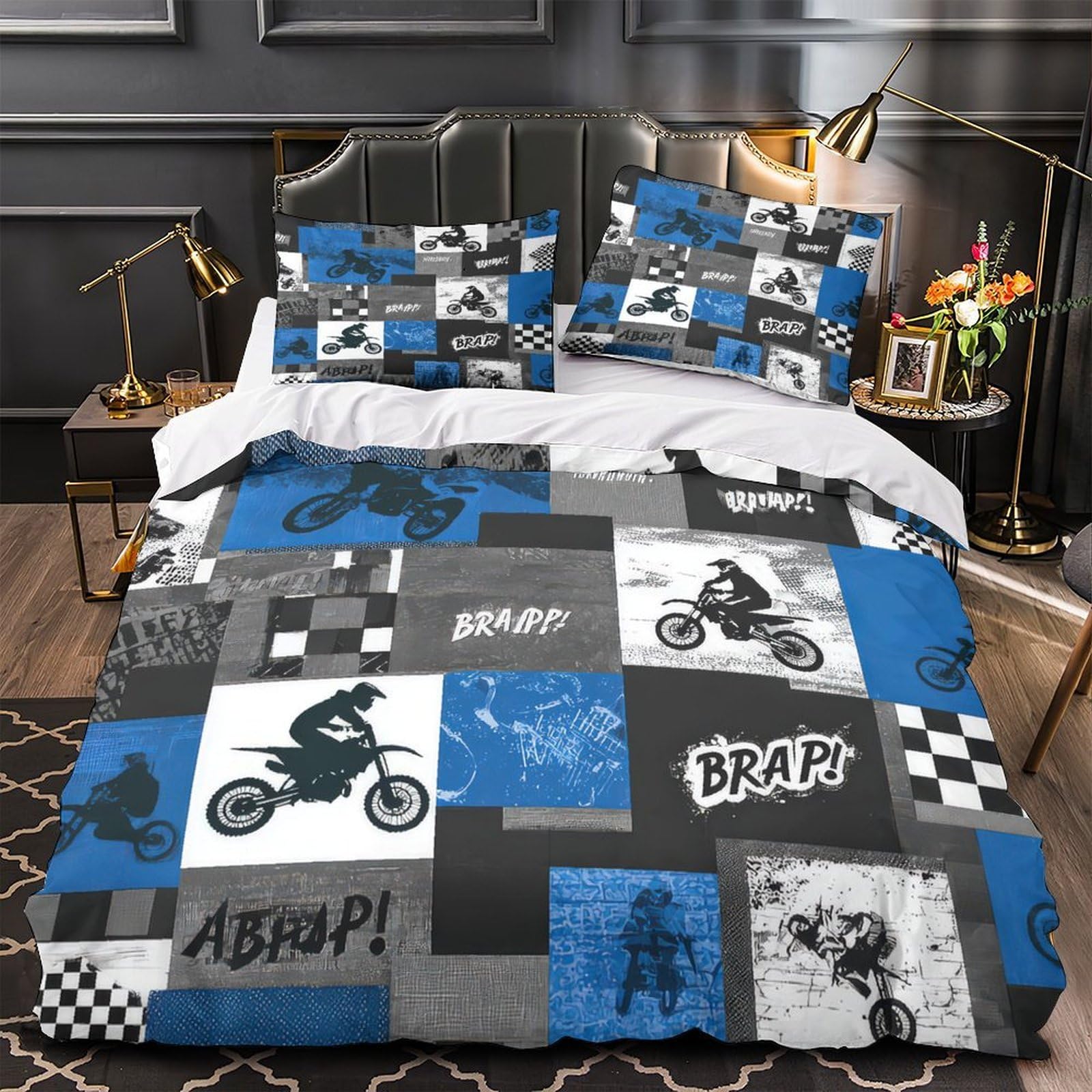 Housse de Couette Motocross 3D King en microfibre lavable avec 2 taies d'oreiller pour lit adulte