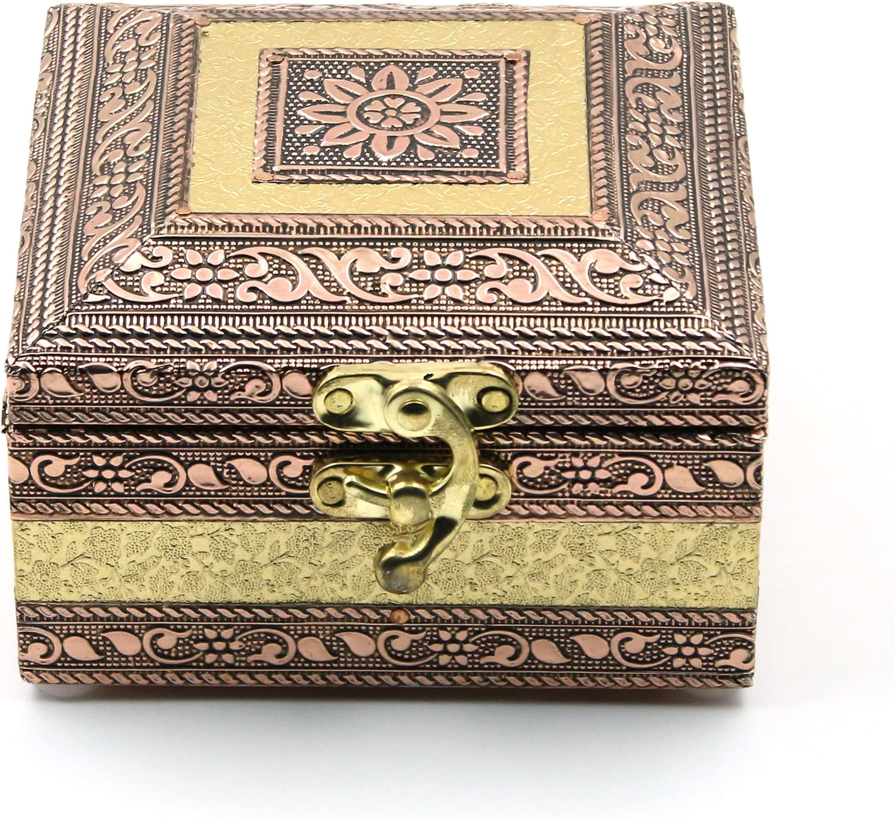 macsen Jewellery Box Wooden Storage Organizer Anniversary Gift Wedding Gift Vanity Box Bangle Earrings Necklace Multi-Purpose use for Women (1 Section, Golden+Copper, 4in x 4in x 2.5in)