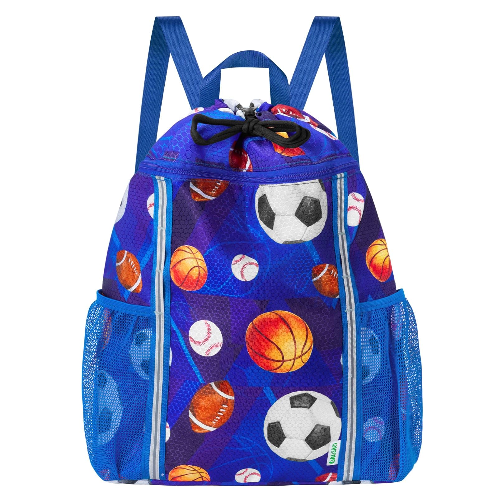 WAWSAM Kids Gym Drawstring Backpack String Bag, Ball Sports Gym Bag for Kids Boys Waterproof Swimming Beach String Cinch Backpack with Two Water