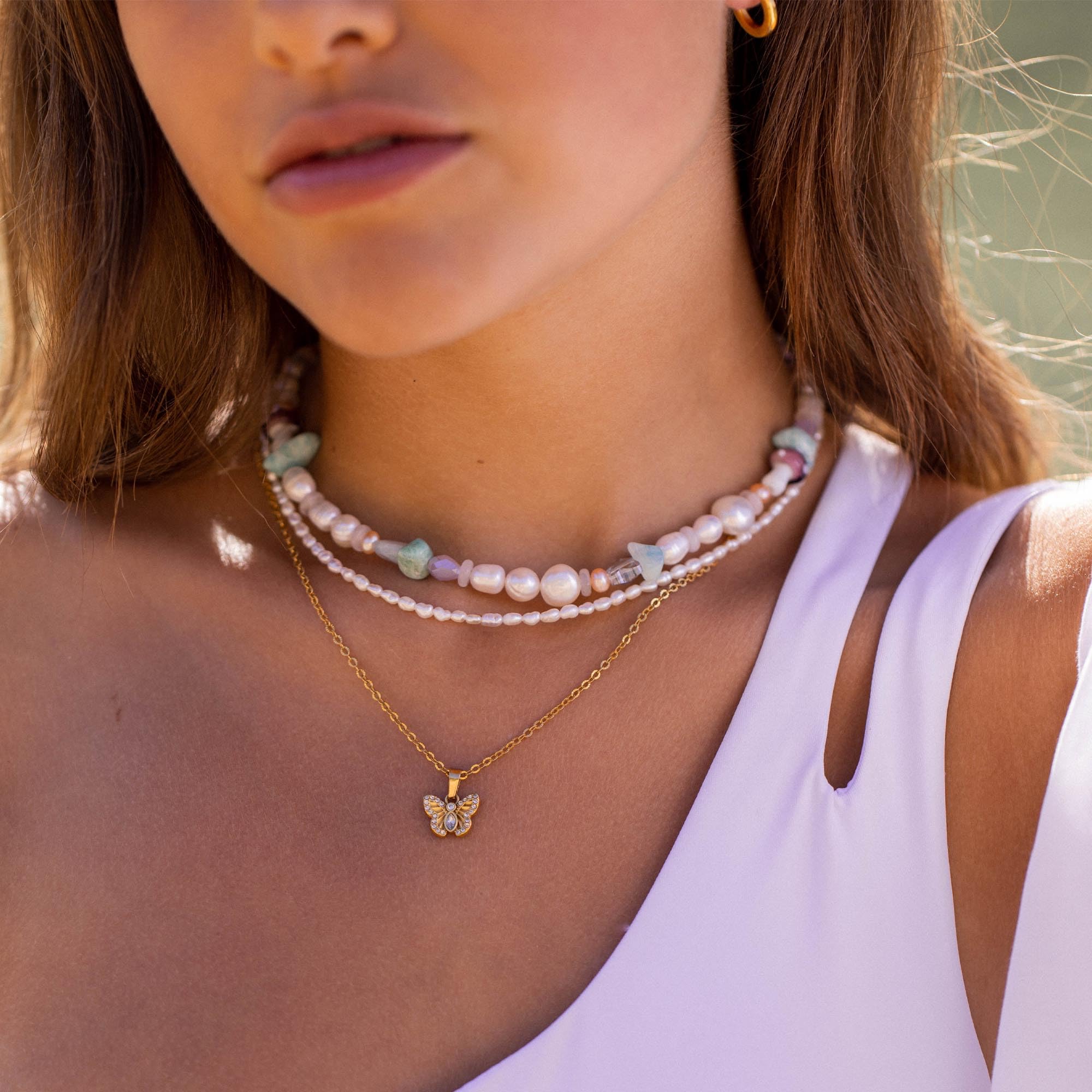 Purelei Enchant - Collar de perlas de agua dulce auténticas para mujer, cadena ajustable (30/40 cm), brillante y elegante, acero inoxidable chapado en oro de 18 quilates o plata