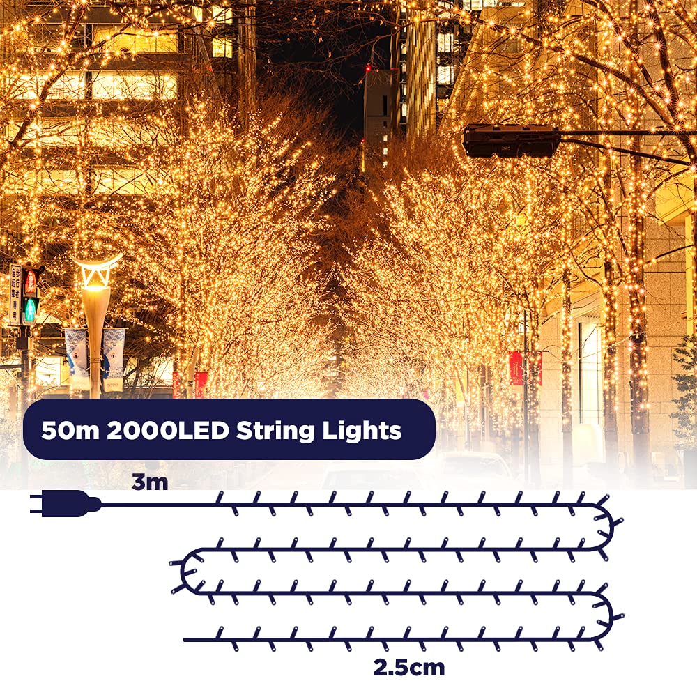 ELKTRY Luci Natale Esterno, 2000LEDs 50M Luci Albero di Natale Bianco Caldo 8 Modalità Impermeabile Catena Luminosa Natale Decorative per Albero Giardino Interno