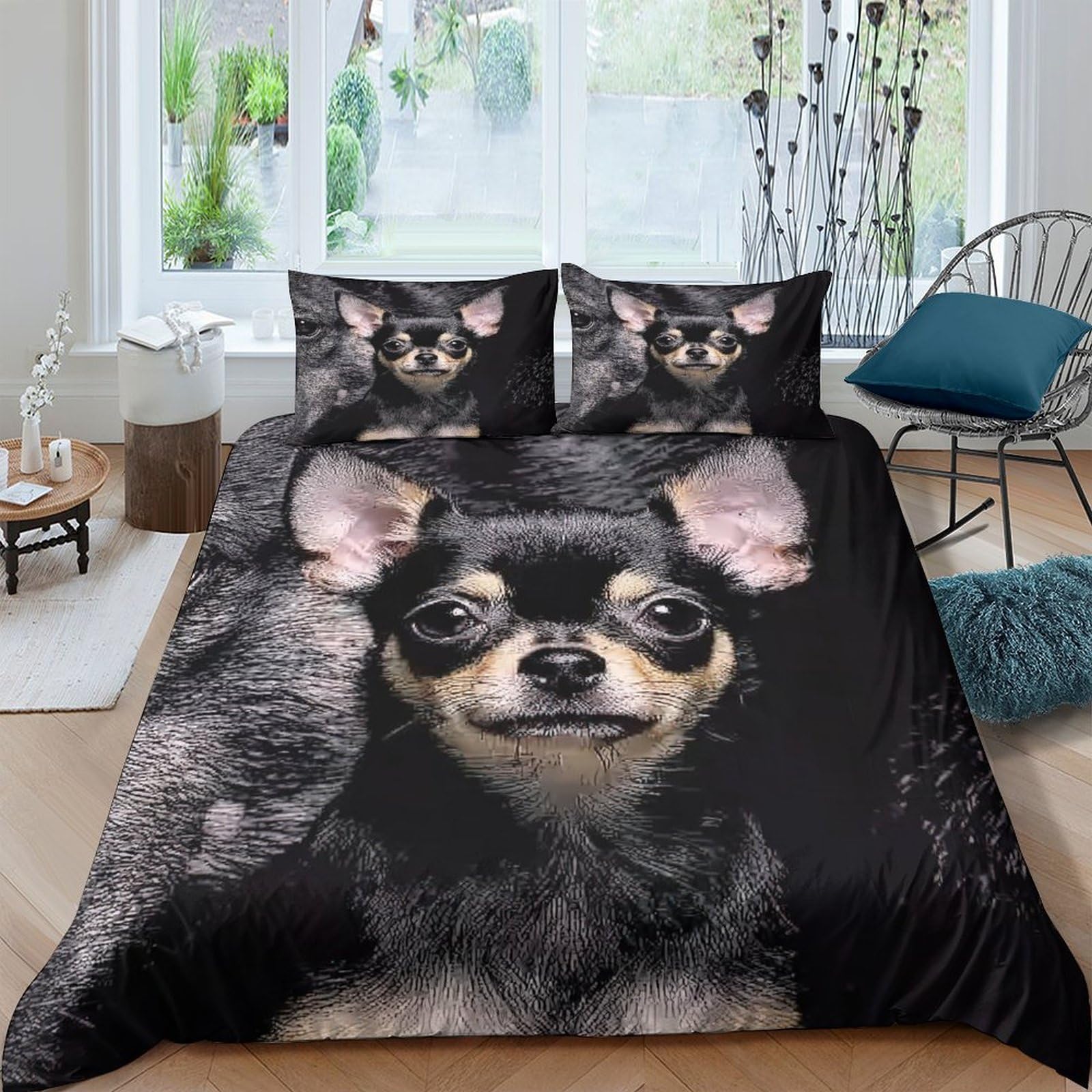 Ctjqhvkz Style-5 3D Printed Black Chihuahua Dog Fitted Sheet Microfiber Soft Anti-Slip Bed Cover For Bedroom Decor Machine Washable Single（135X200cm）