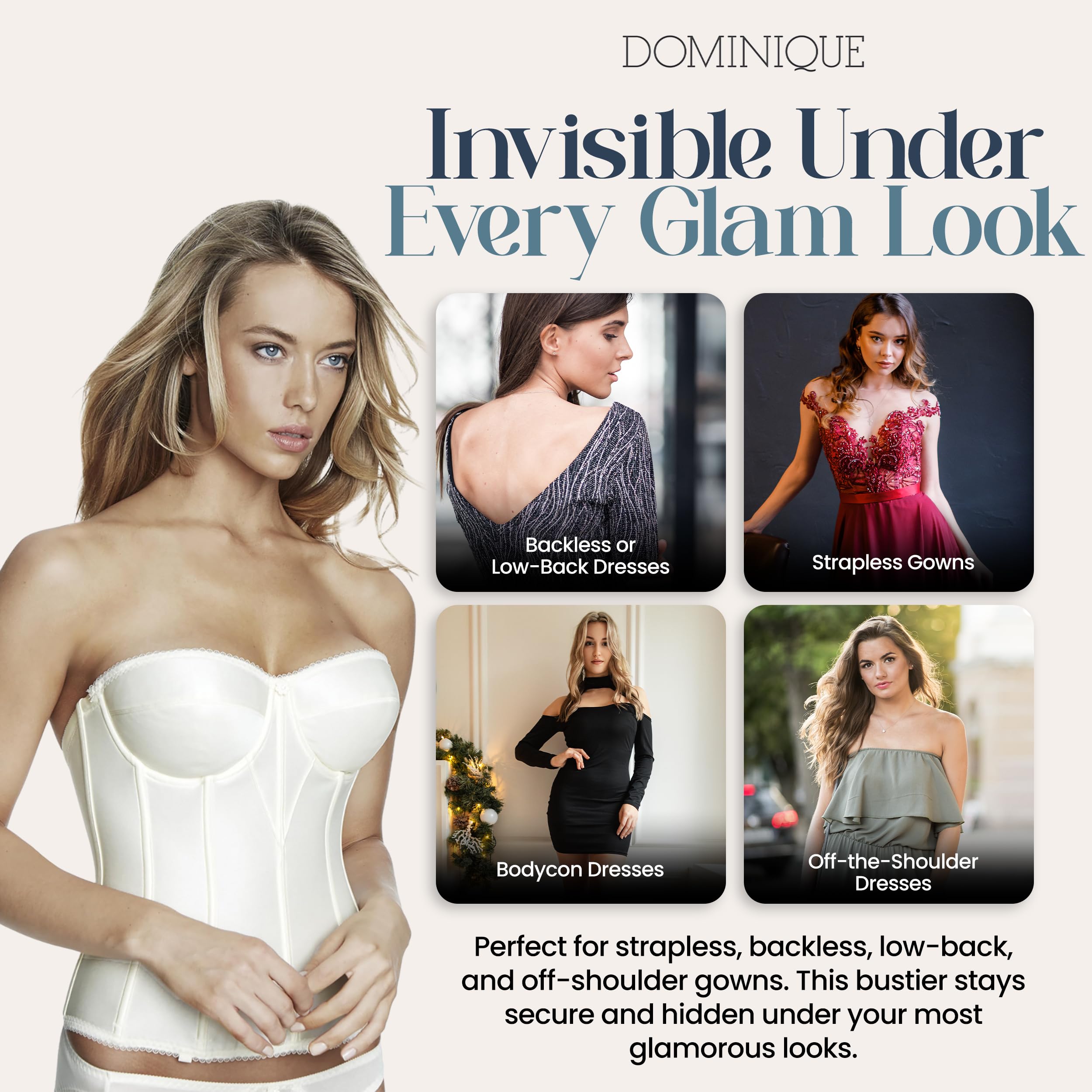 Dominique Women’s Backless Strapless Juliette Satin Longline Bustier Bridal Bra - Picture 13 of 20