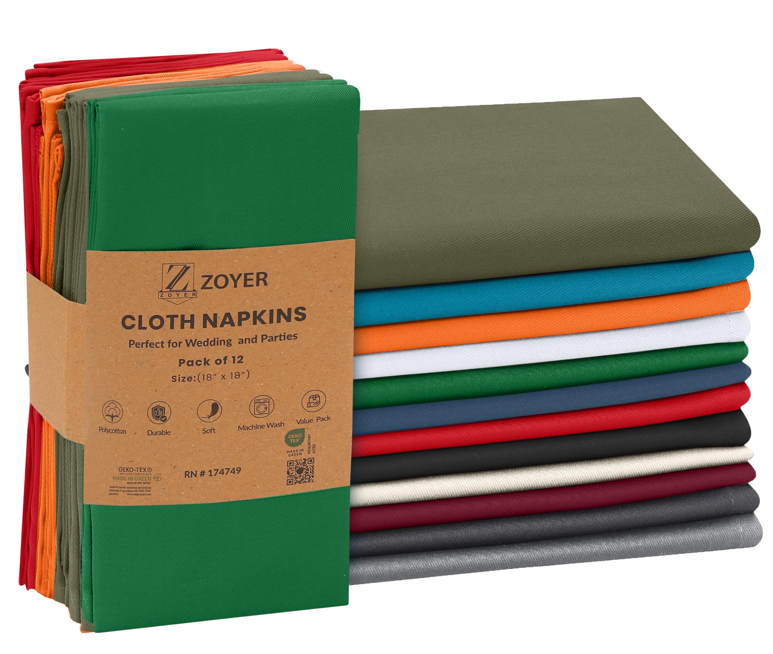 Zoyer Cloth Napkins Set of 12, 18x18 Inches Cotton Enrich Napkins Cloth ‎Washable, Soft & Durable Dinner Napkins for Parties, Wedding, Christmas, ‎Thanksgiving & Everyday Use - Mulitcolor 1 Each