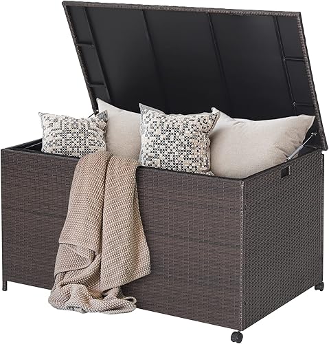 Tangkula Caja de almacenamiento de cubierta de 133 galones contenedor de almacenamiento de ratán para patio con 2 ruedas universales barra neumática