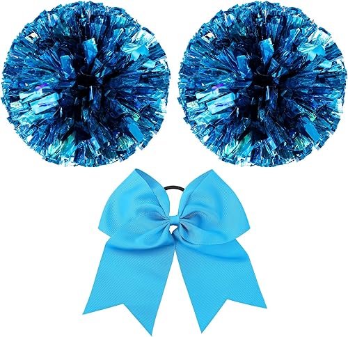 Miniatura 73 de Hanaive 3 pompones de animadora y lazo grande para animadora para el pelo, suministros metálicos para animadora de espíritu de equipo, deportes